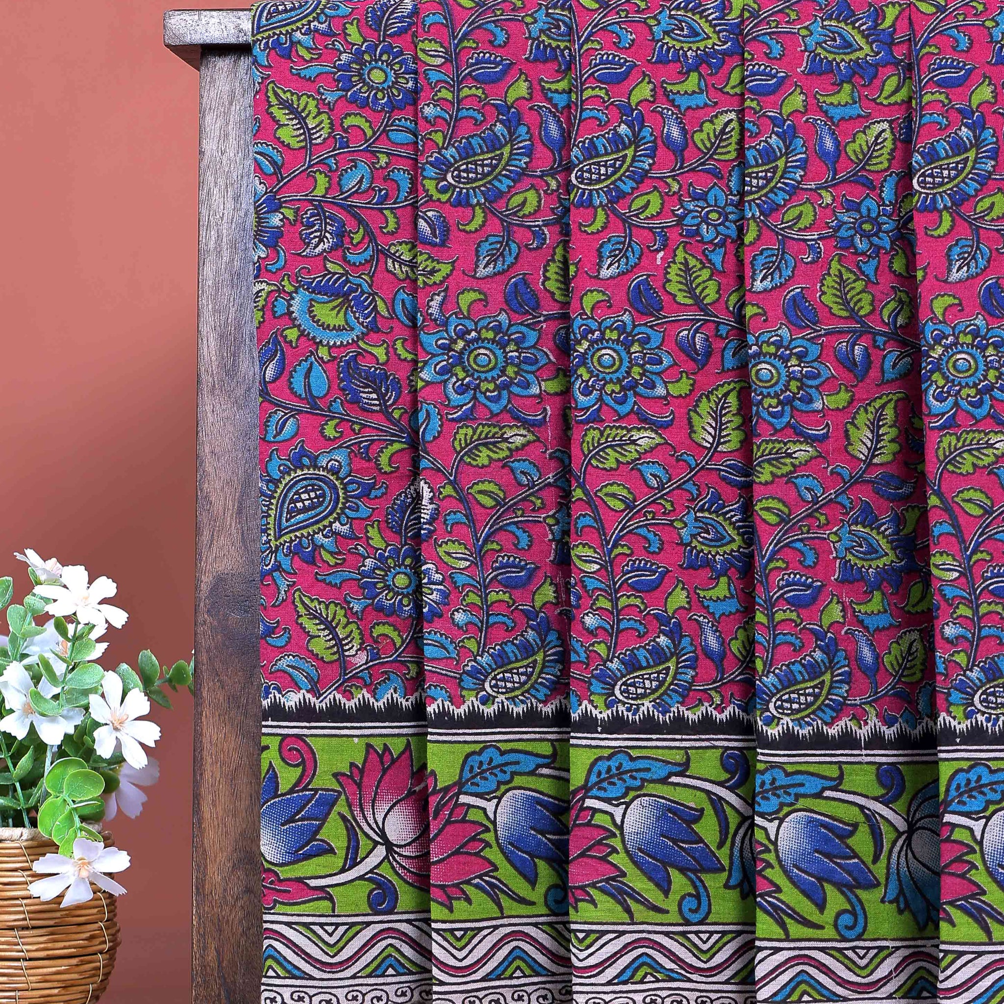 Traditional Hand Painted Kalamkari Cotton Saree with Traditional Floral and Paisley Motifs - Pink