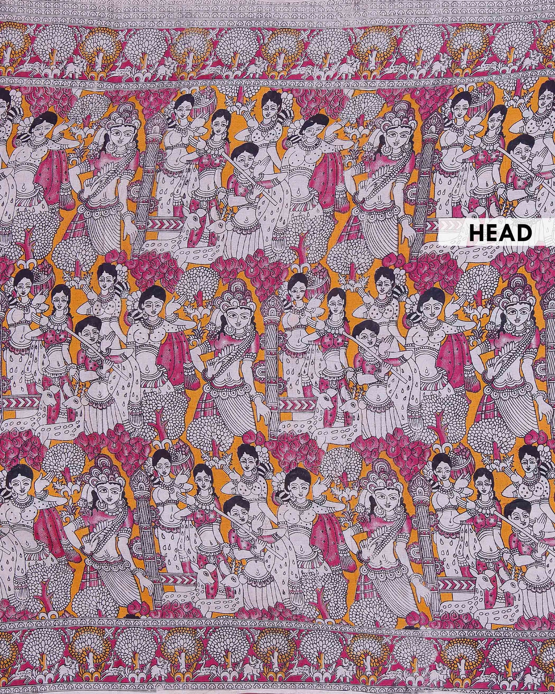 Traditional Hand Painted Kalamkari Cotton Saree with Traditional Mythological Narrative Motifs  - Multi