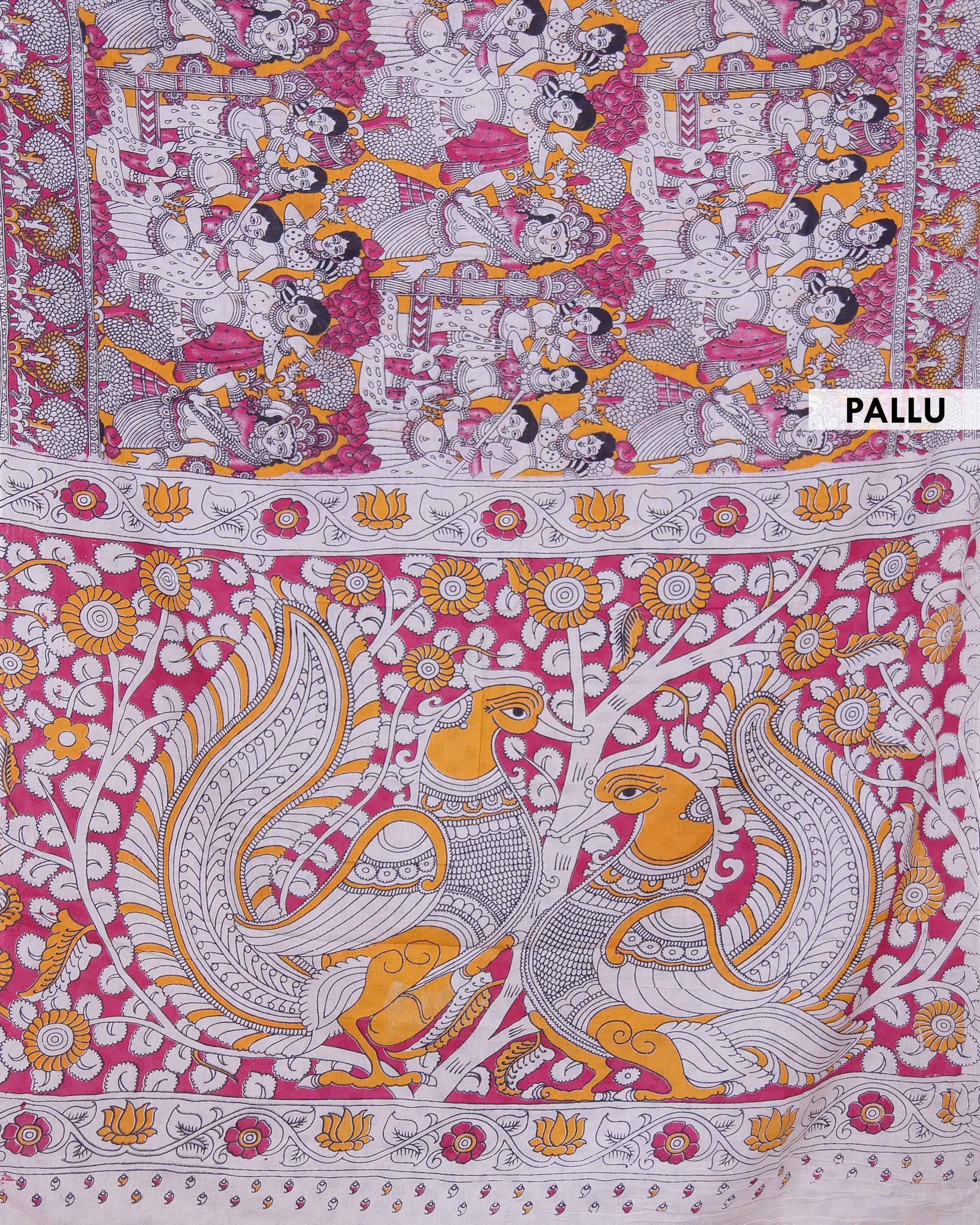 Traditional Hand Painted Kalamkari Cotton Saree with Traditional Mythological Narrative Motifs  - Multi