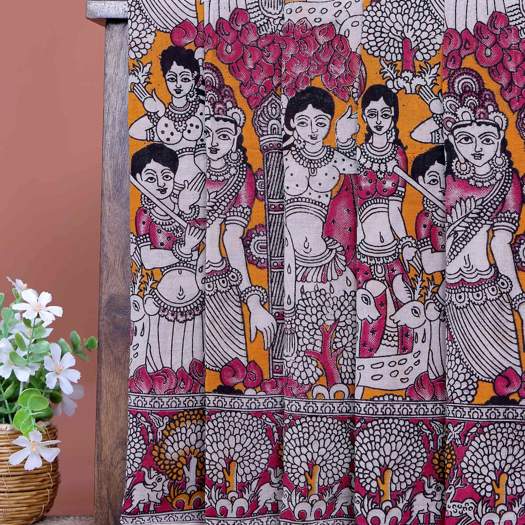 Traditional Hand Painted Kalamkari Cotton Saree with Traditional Mythological Narrative Motifs  - Multi