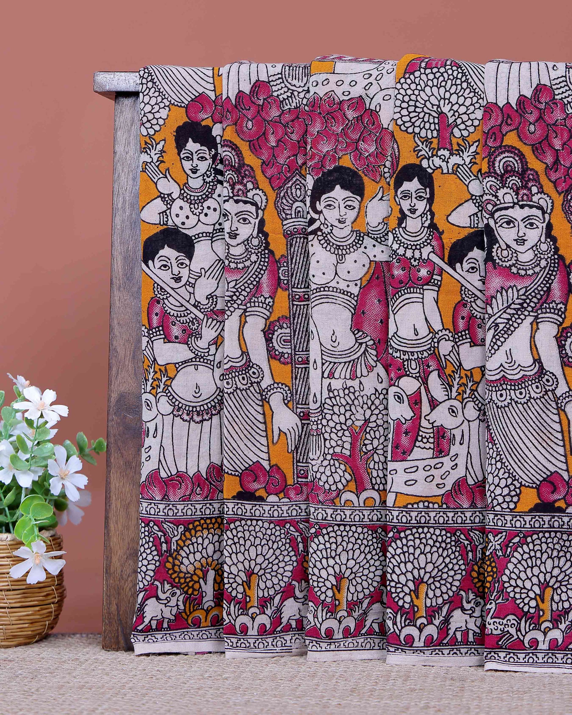 Traditional Hand Painted Kalamkari Cotton Saree with Traditional Mythological Narrative Motifs  - Multi
