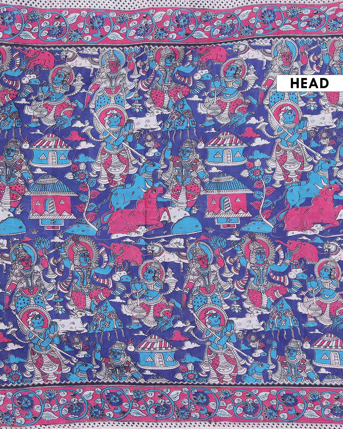 Traditional Hand Painted Kalamkari Cotton Saree with Traditional Mythological and Floral Motifs - Blue