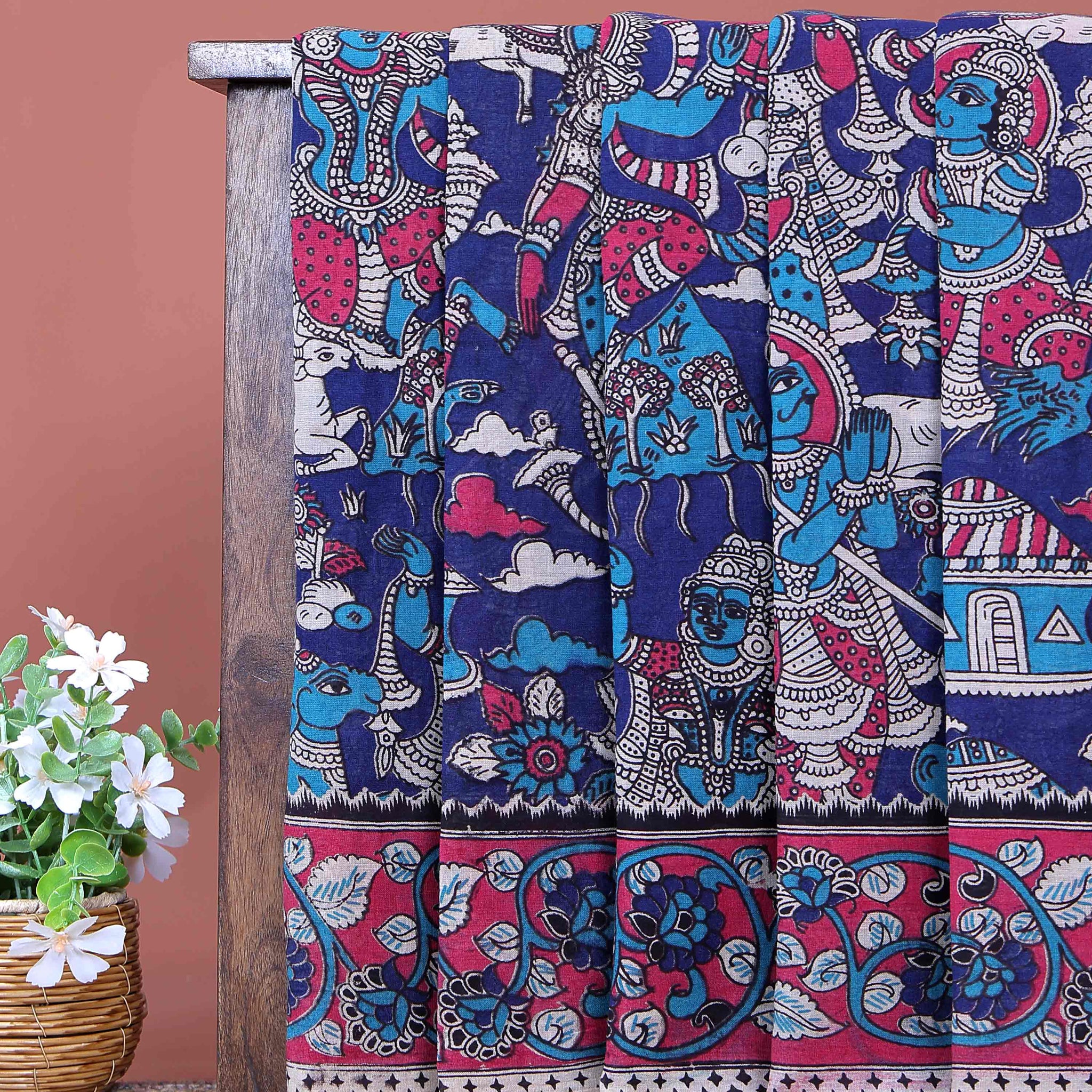 Traditional Hand Painted Kalamkari Cotton Saree with Traditional Mythological and Floral Motifs - Blue