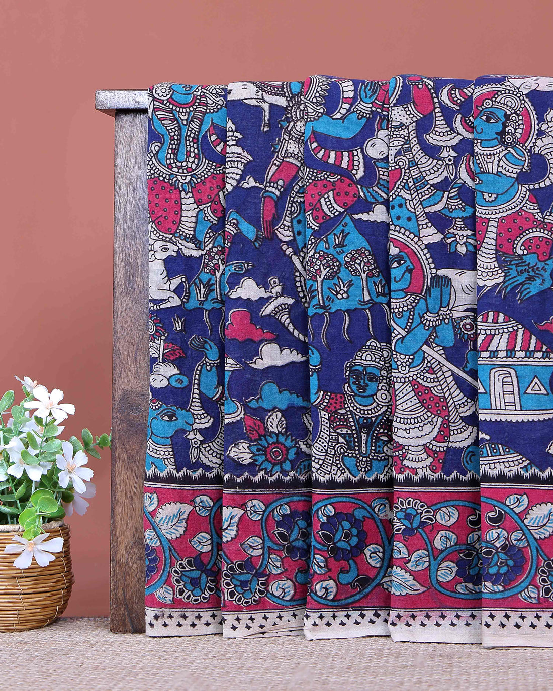 Traditional Hand Painted Kalamkari Cotton Saree with Traditional Mythological and Floral Motifs - Blue