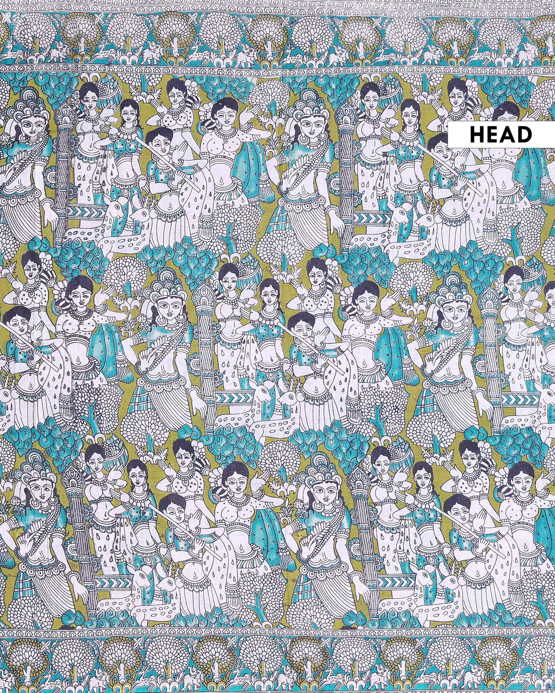 Traditional Hand Painted Kalamkari Cotton Saree with Traditional art & Cow Motifs - Green