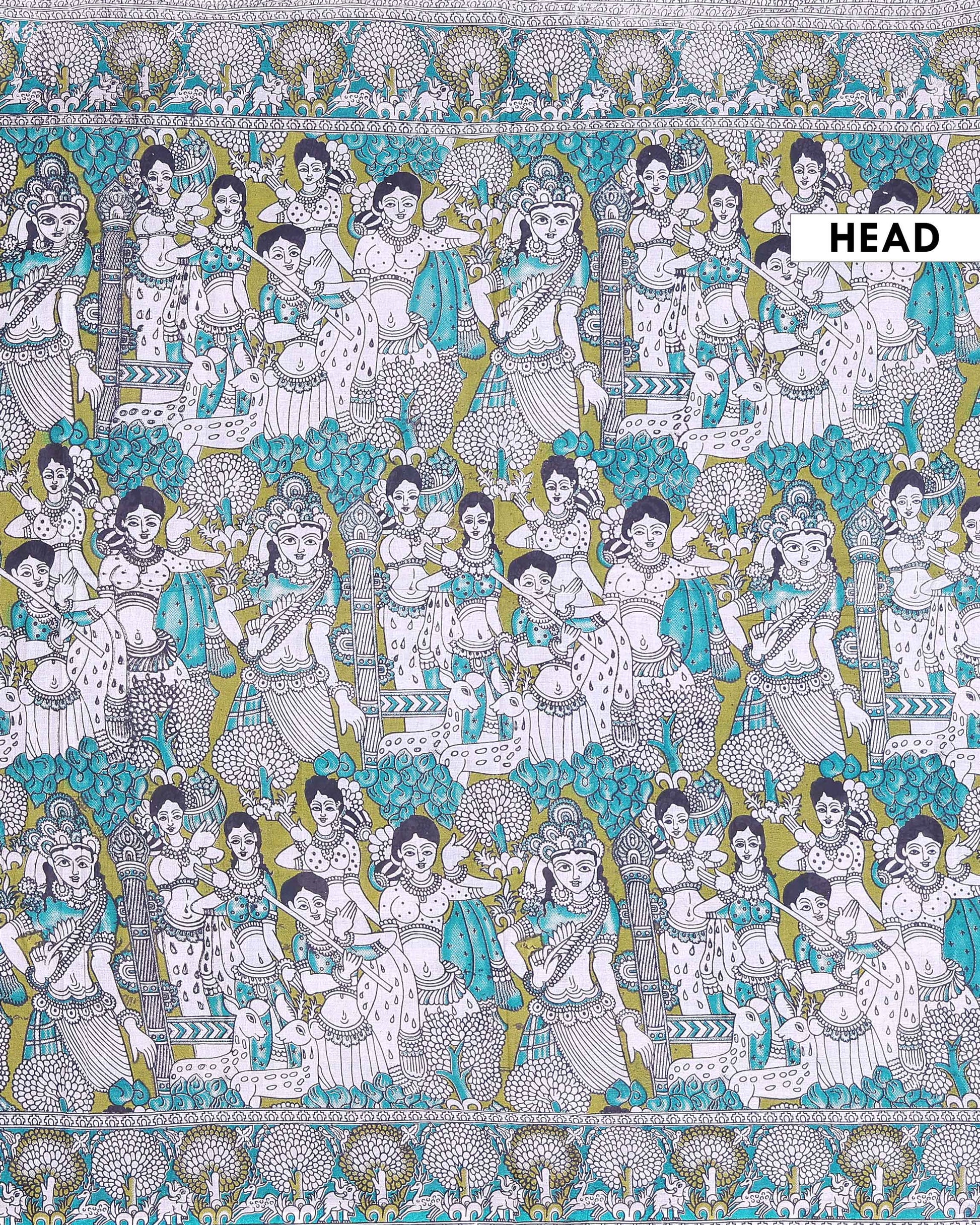 Traditional Hand Painted Kalamkari Cotton Saree with Traditional art & Cow Motifs - Green