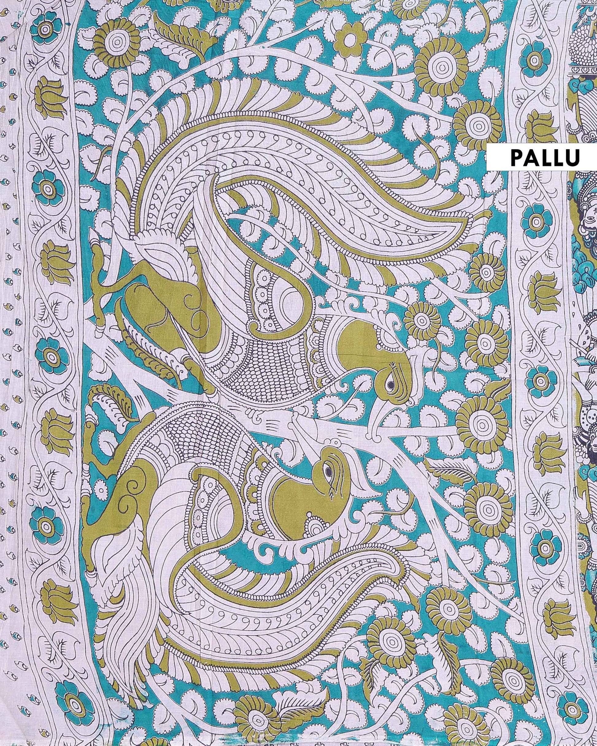 Traditional Hand Painted Kalamkari Cotton Saree with Traditional art & Cow Motifs - Green