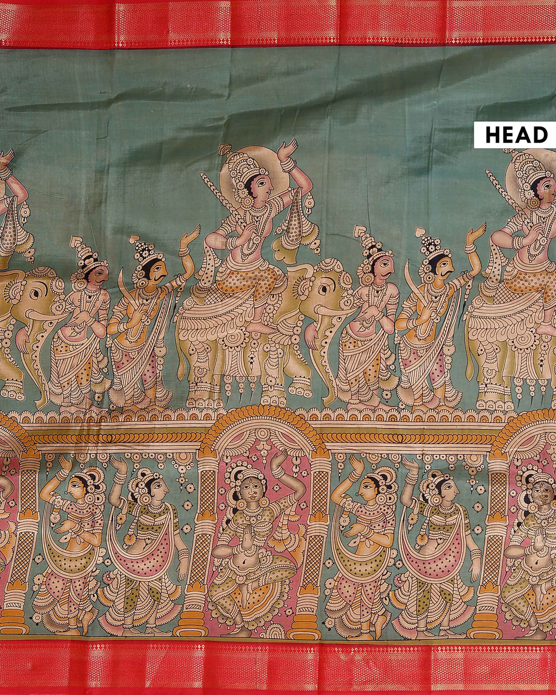 Traditional Hand Painted Kalamkari Mangalagiri Semi Chanderi Saree with Traditional Motifs - Green