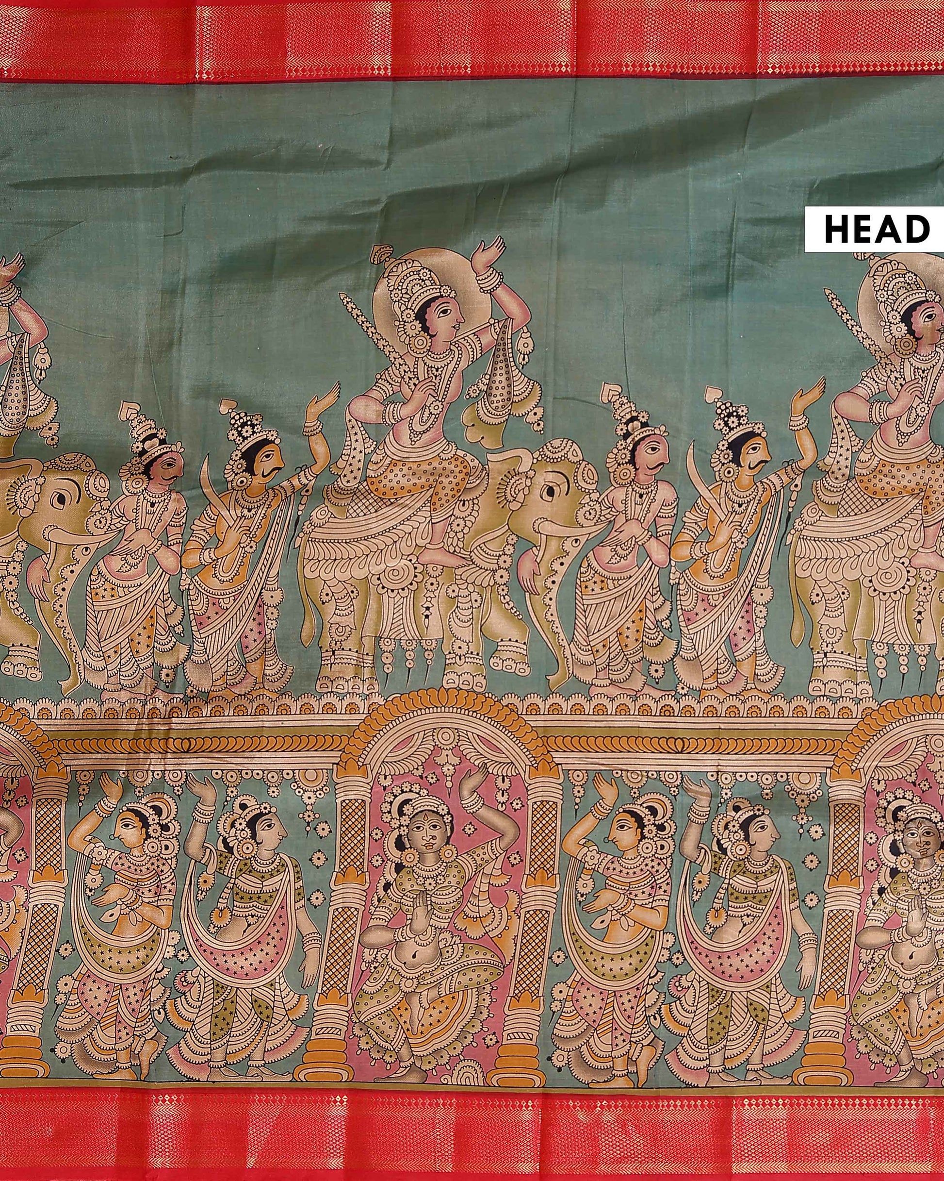 Traditional Hand Painted Kalamkari Mangalagiri Semi Chanderi Saree with Traditional Motifs - Green