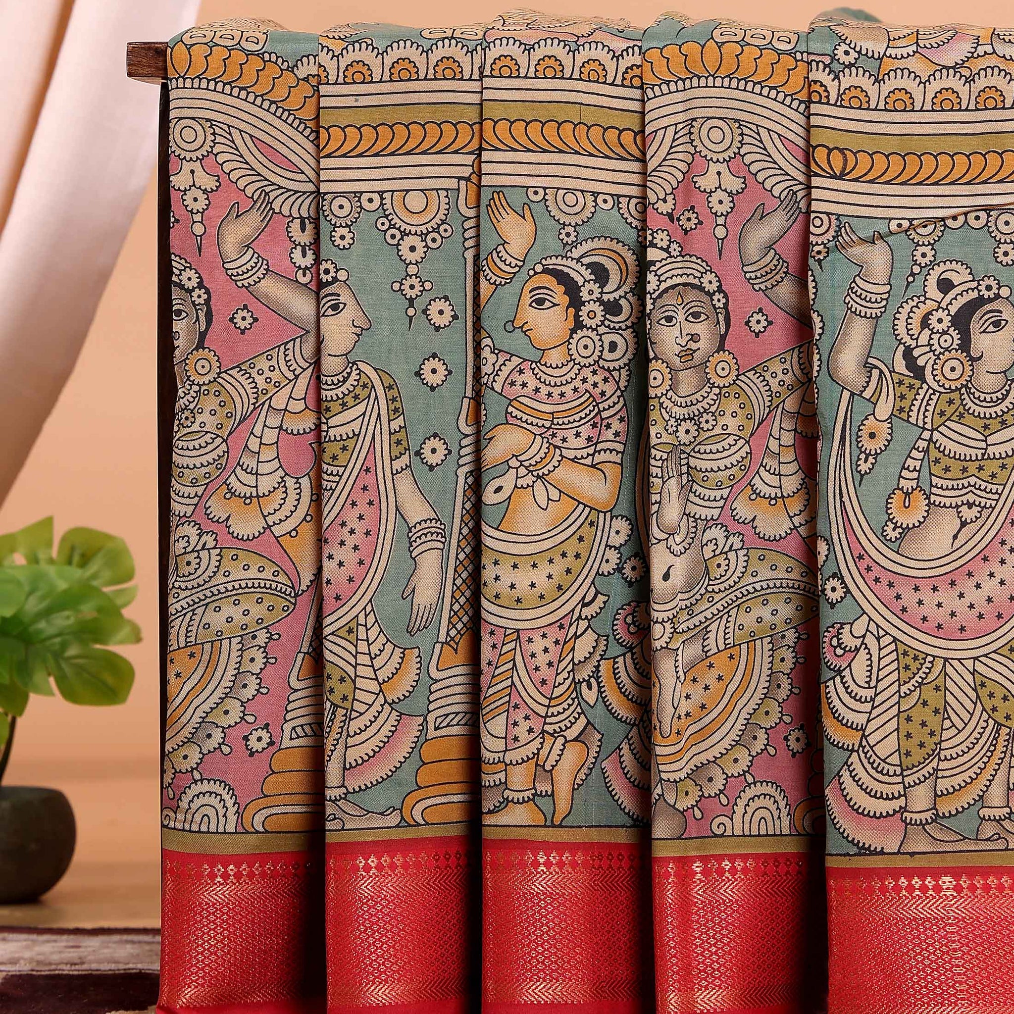 Traditional Hand Painted Kalamkari Mangalagiri Semi Chanderi Saree with Traditional Motifs - Green