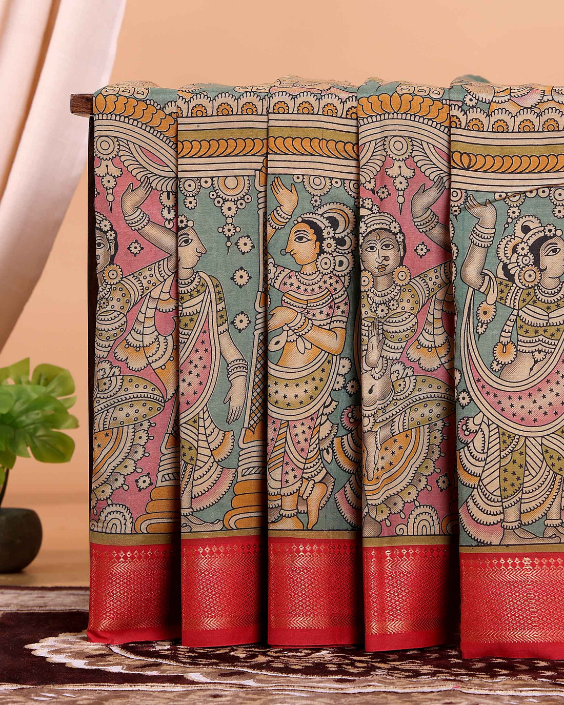 Traditional Hand Painted Kalamkari Mangalagiri Semi Chanderi Saree with Traditional Motifs - Green