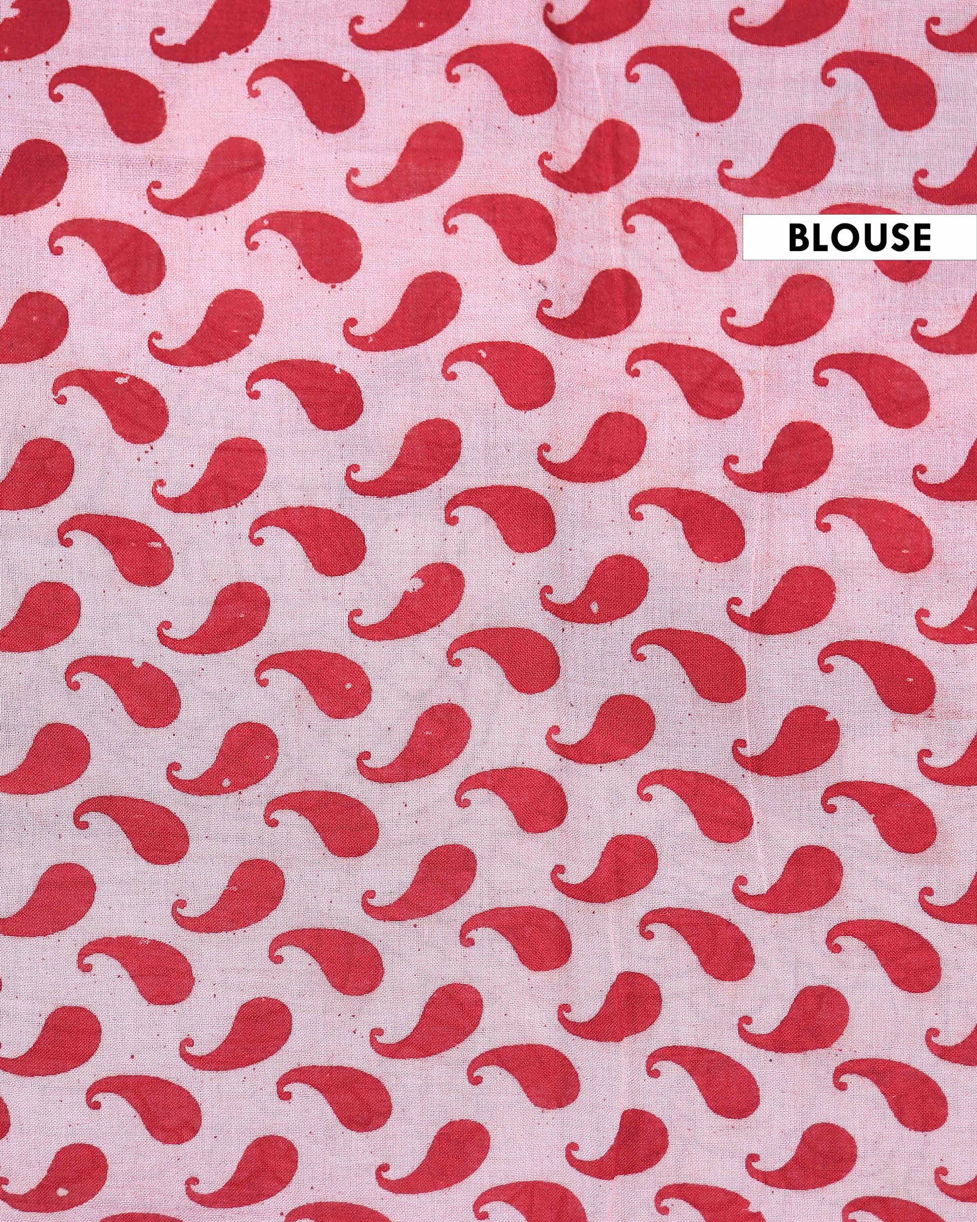 Traditional Hand Printed Kalamkari Cotton Saree Traditional Lotus and Cow Motifs - Red