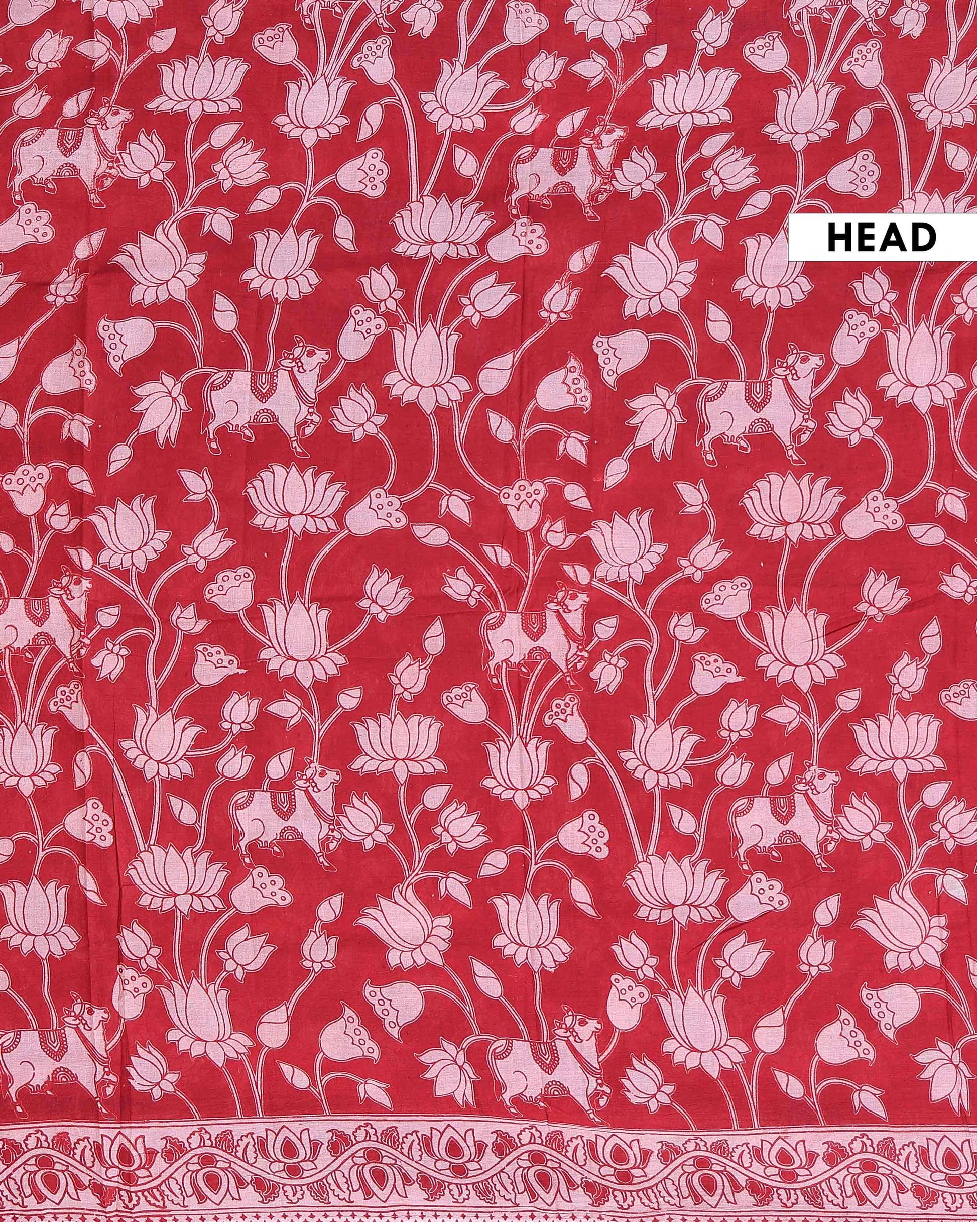 Traditional Hand Printed Kalamkari Cotton Saree Traditional Lotus and Cow Motifs - Red