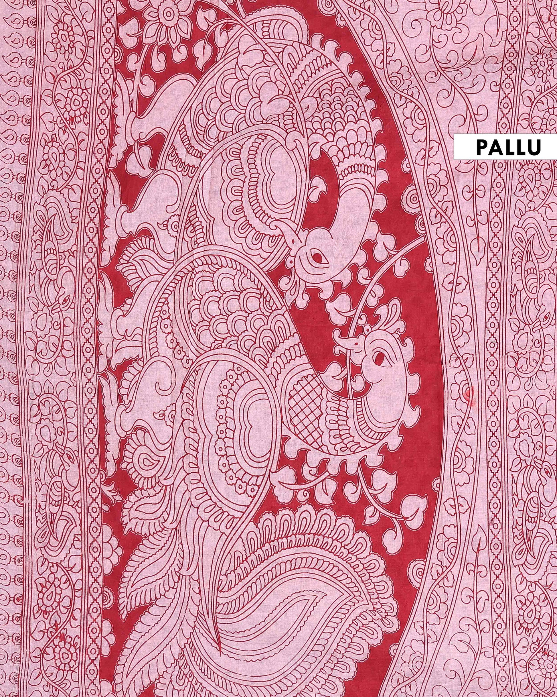 Traditional Hand Printed Kalamkari Cotton Saree Traditional Lotus and Cow Motifs - Red
