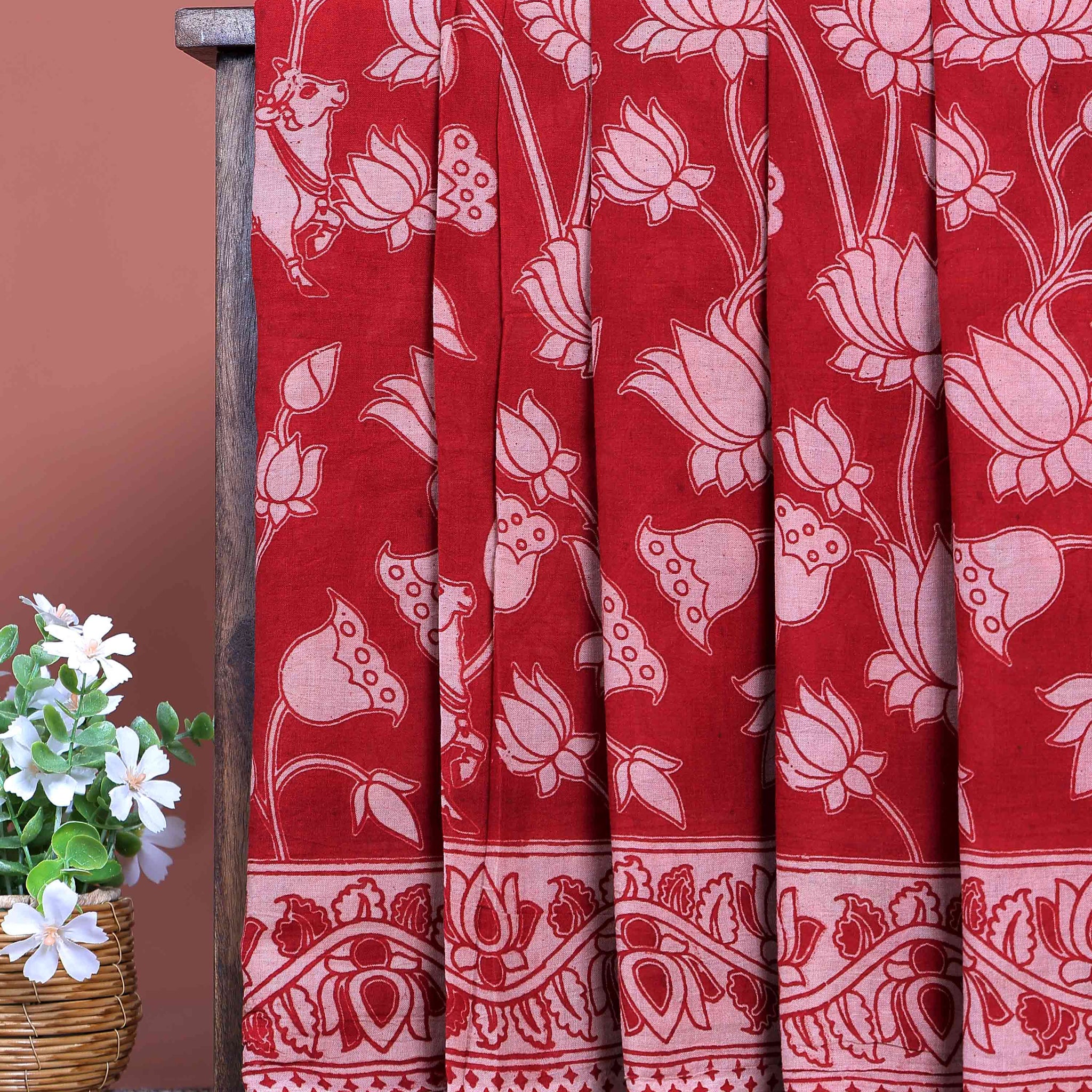 Traditional Hand Printed Kalamkari Cotton Saree Traditional Lotus and Cow Motifs - Red