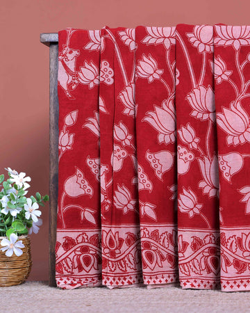 Traditional Hand Printed Kalamkari Cotton Saree Traditional Lotus and Cow Motifs - Red