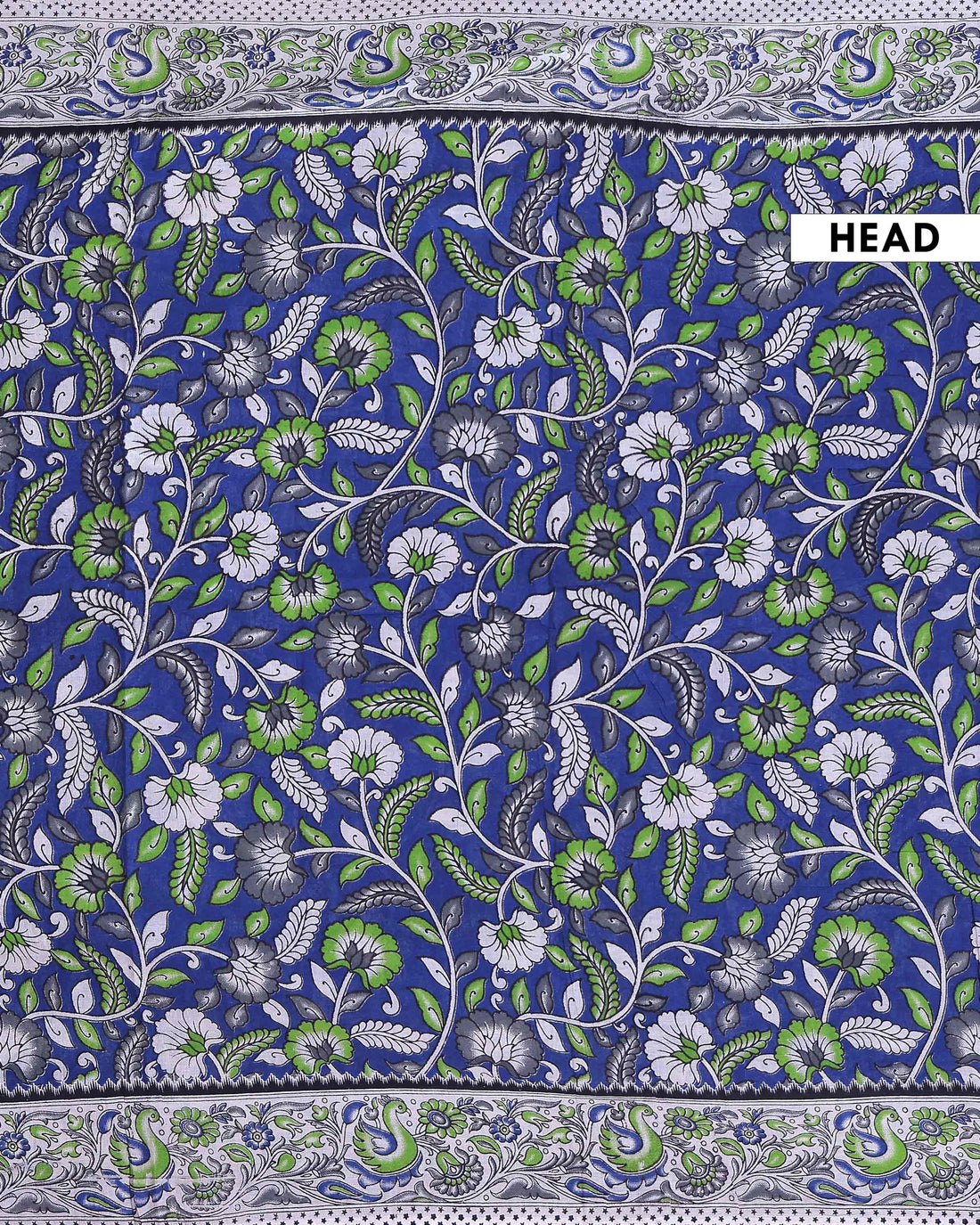 Traditional Hand Printed Kalamkari Cotton Saree with Intricate Floral and Peacock Border  - Blue