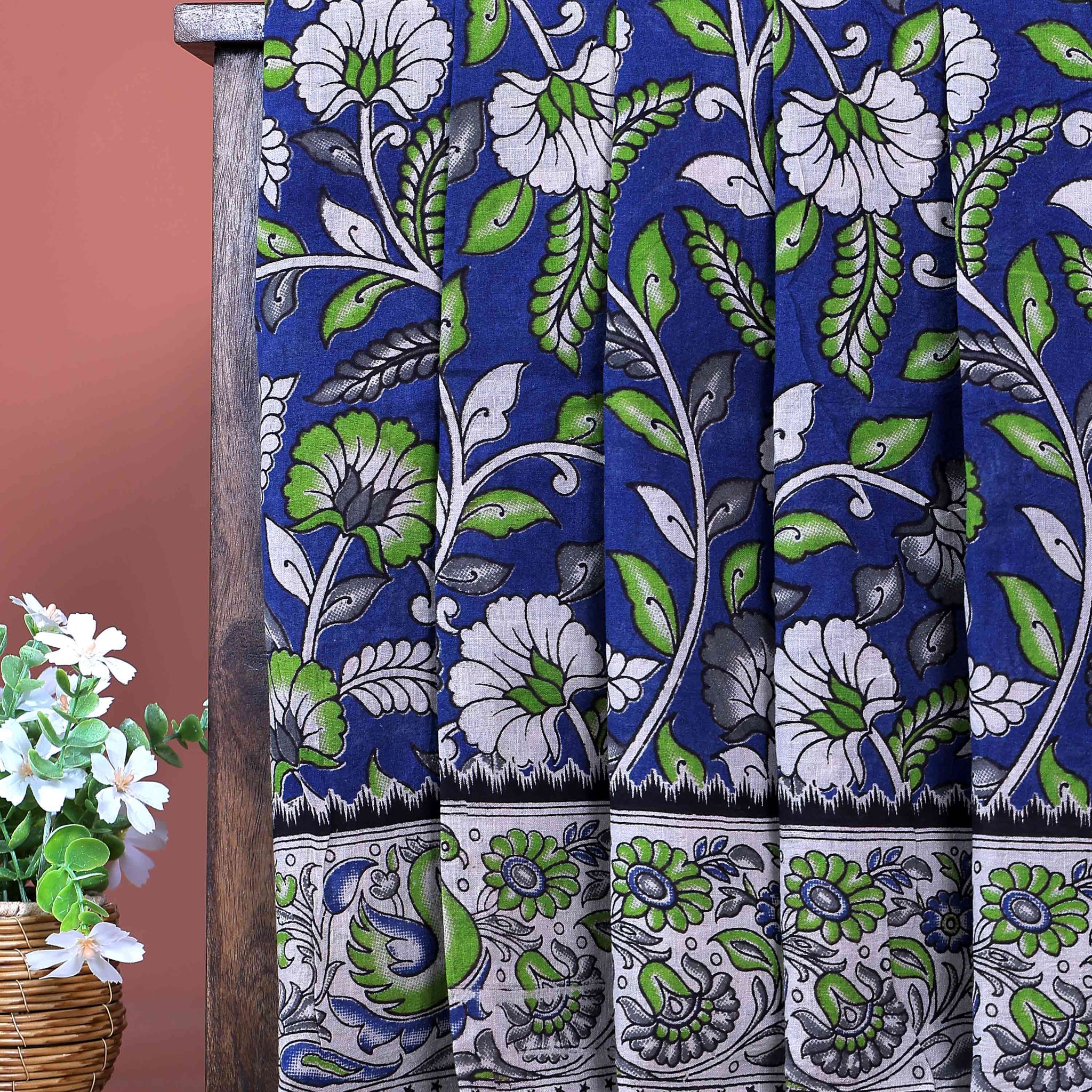 Traditional Hand Printed Kalamkari Cotton Saree with Intricate Floral and Peacock Border  - Blue