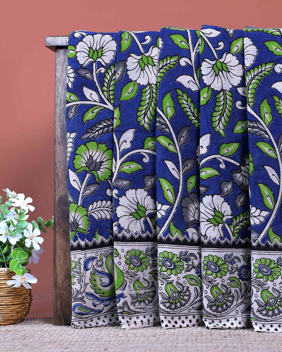 Traditional Hand Printed Kalamkari Cotton Saree with Intricate Floral and Peacock Border  - Blue