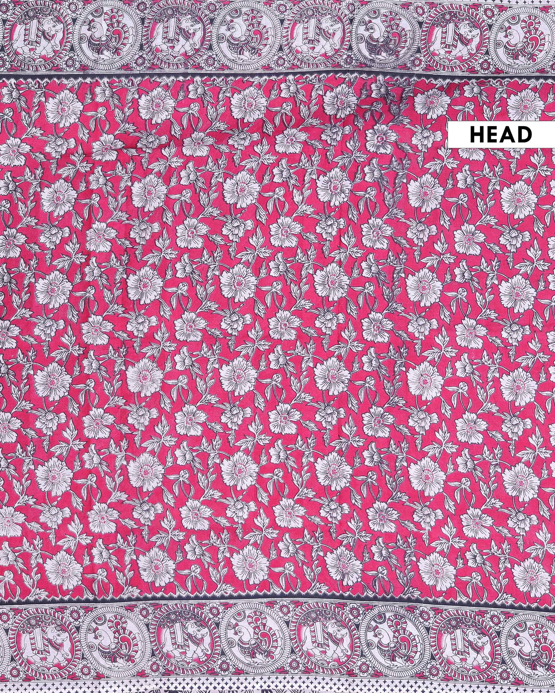 Traditional Hand Printed Kalamkari Cotton Saree with Intricate Red Floral & Elephant Motifs - Red