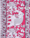 Traditional Hand Printed Kalamkari Cotton Saree with Intricate Red Floral & Elephant Motifs - Red
