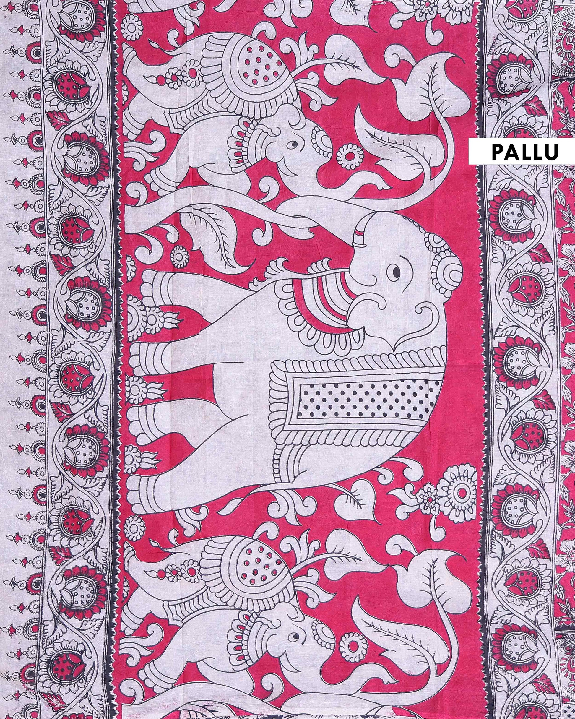 Traditional Hand Printed Kalamkari Cotton Saree with Intricate Red Floral & Elephant Motifs - Red