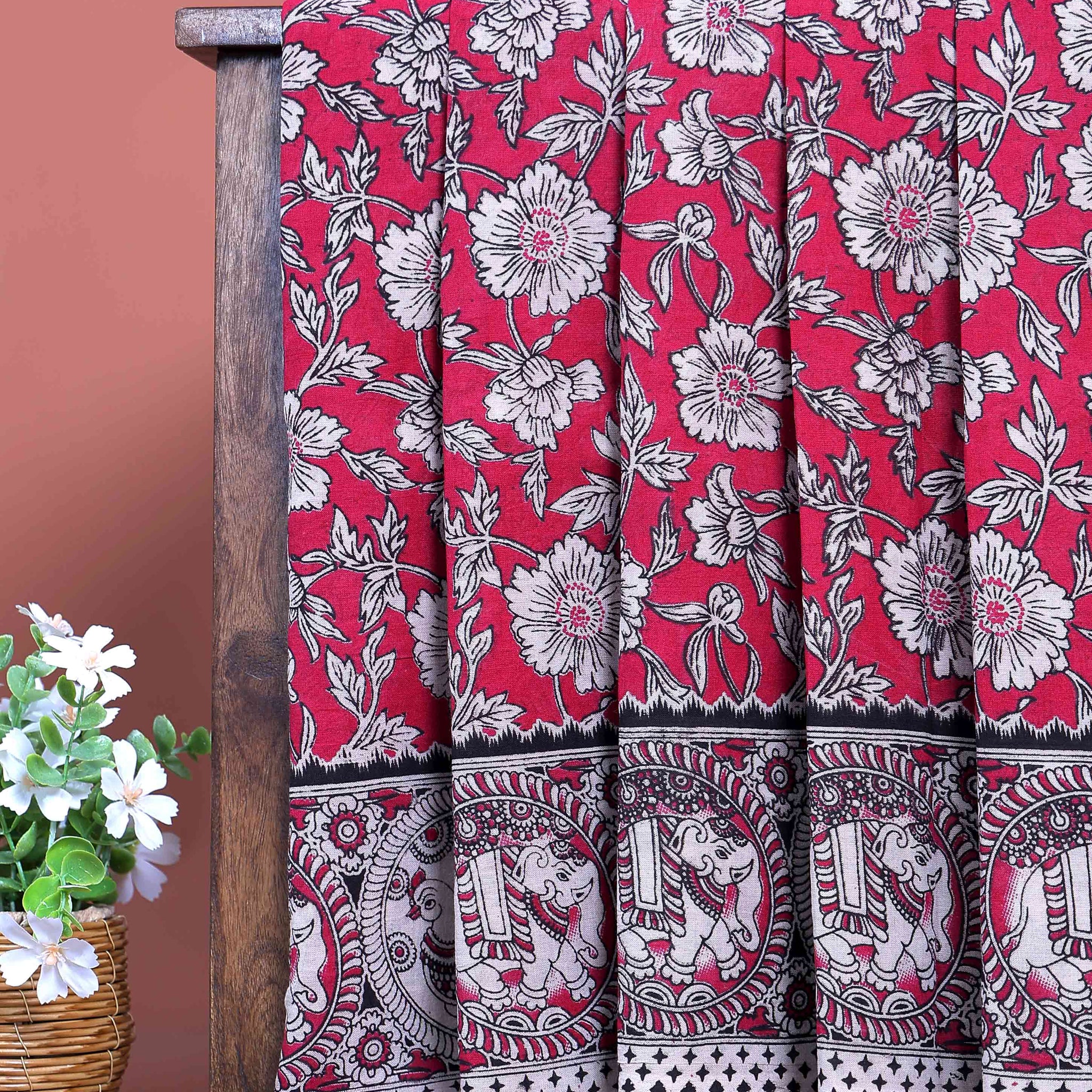 Traditional Hand Printed Kalamkari Cotton Saree with Intricate Red Floral & Elephant Motifs - Red