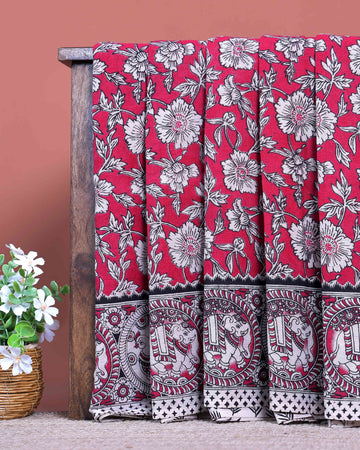 Traditional Hand Printed Kalamkari Cotton Saree with Intricate Red Floral & Elephant Motifs - Red