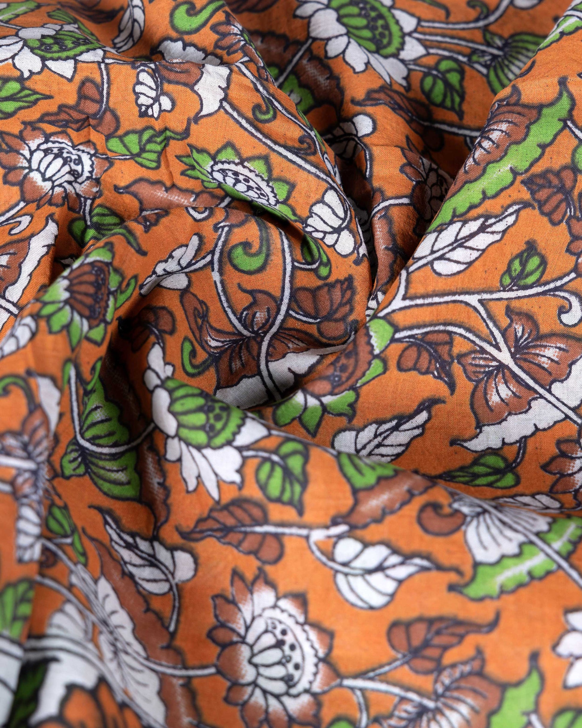 Traditional Hand Printed Kalamkari Cotton Saree with Nature and Floral Motifs  - Orange