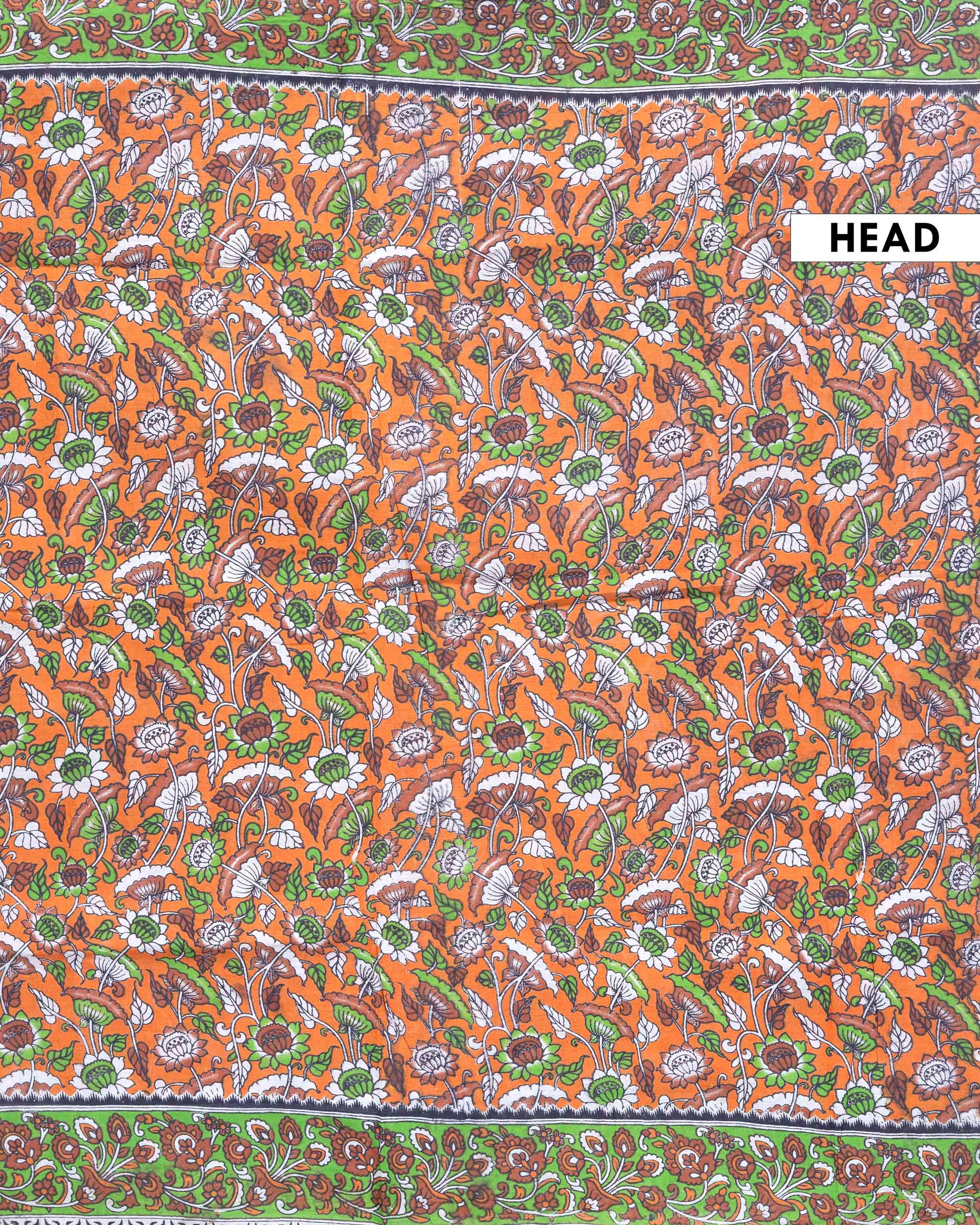 Traditional Hand Printed Kalamkari Cotton Saree with Nature and Floral Motifs  - Orange