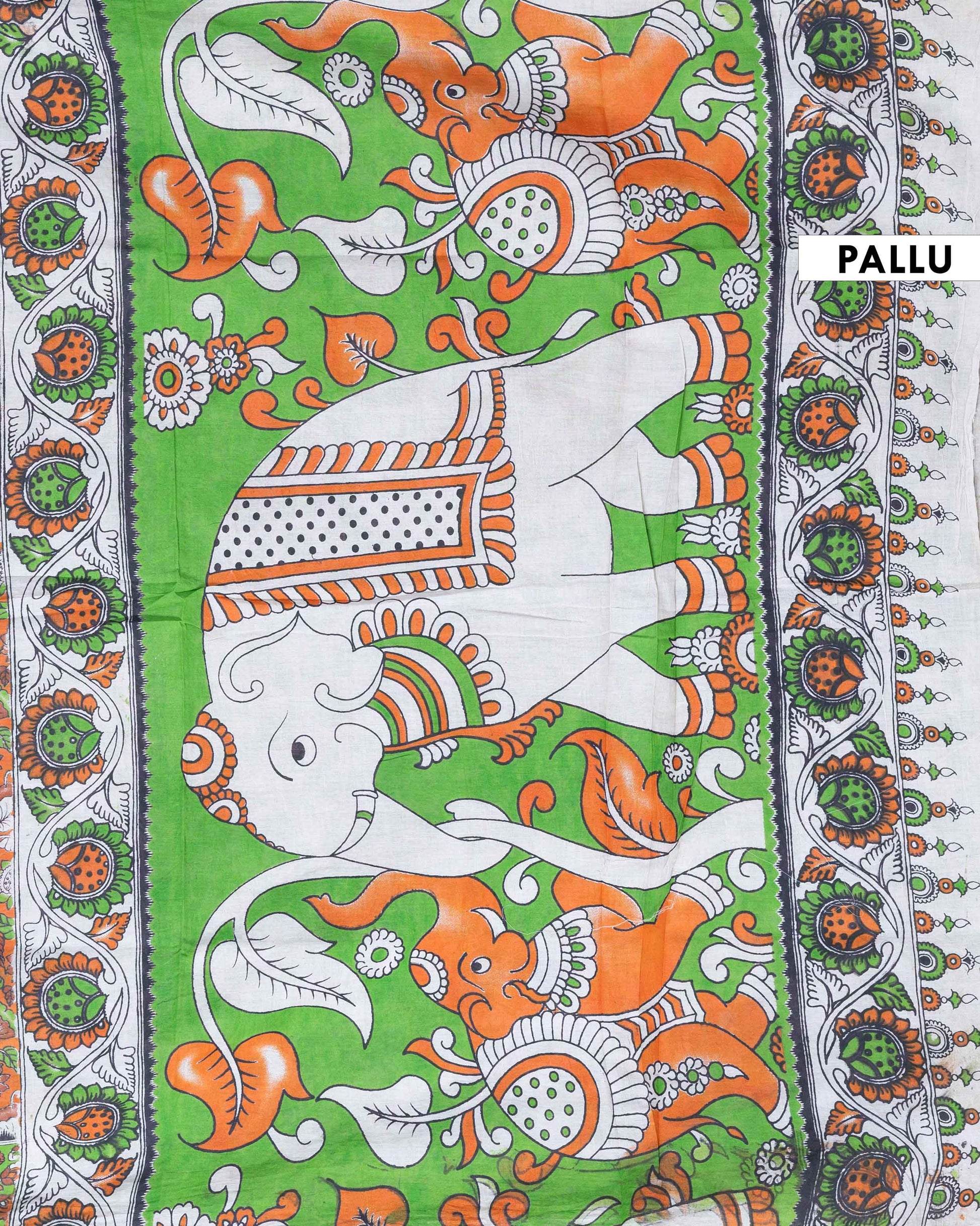 Traditional Hand Printed Kalamkari Cotton Saree with Nature and Floral Motifs  - Orange