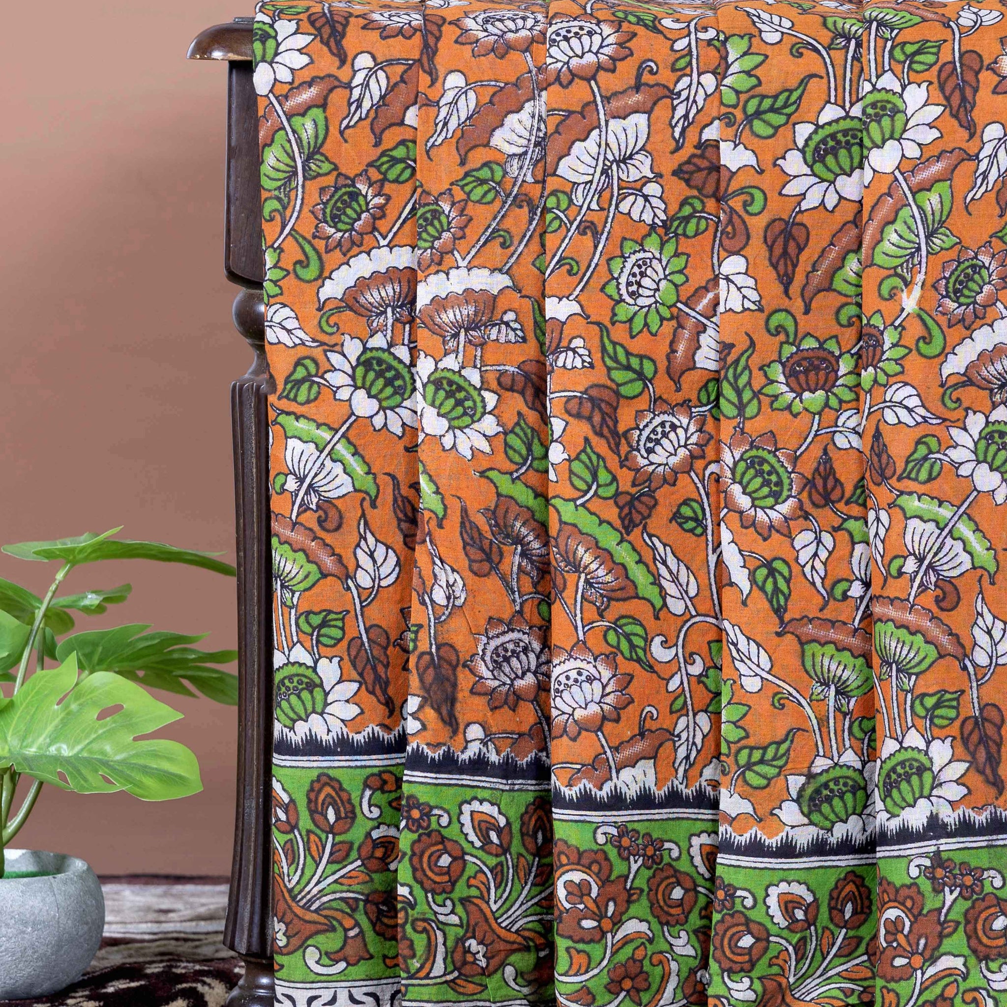 Traditional Hand Printed Kalamkari Cotton Saree with Nature and Floral Motifs  - Orange