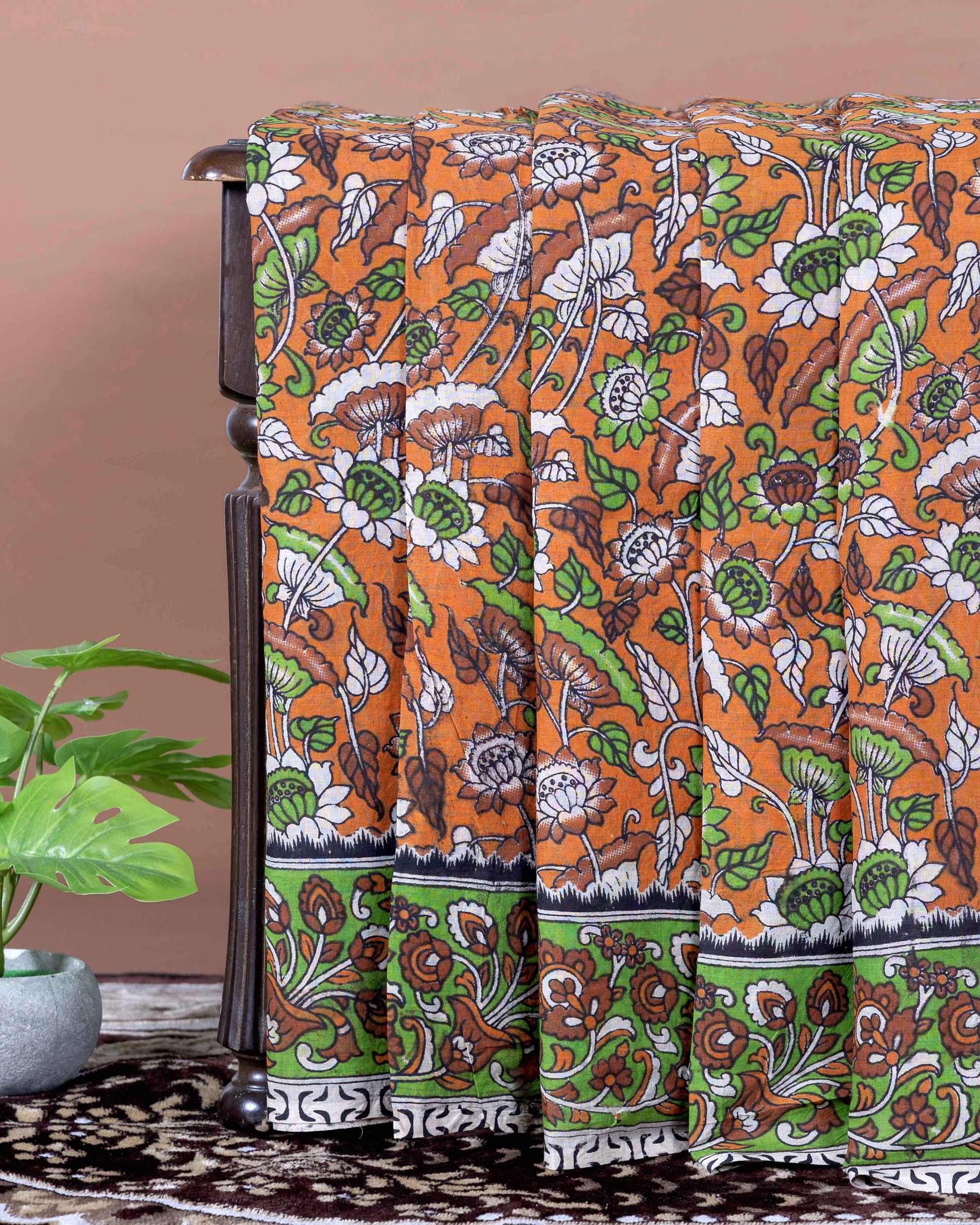 Traditional Hand Printed Kalamkari Cotton Saree with Nature and Floral Motifs  - Orange