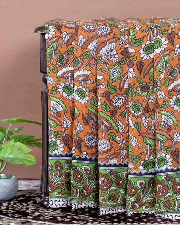 Traditional Hand Printed Kalamkari Cotton Saree with Nature and Floral Motifs  - Orange