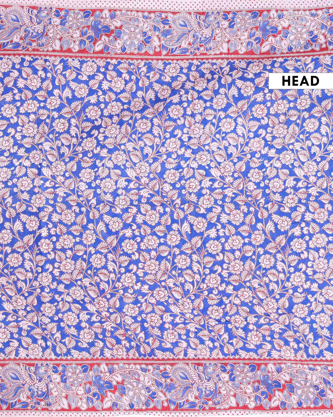 Traditional Hand Printed Kalamkari Cotton Saree with Traditional Floral Motifs - Blue