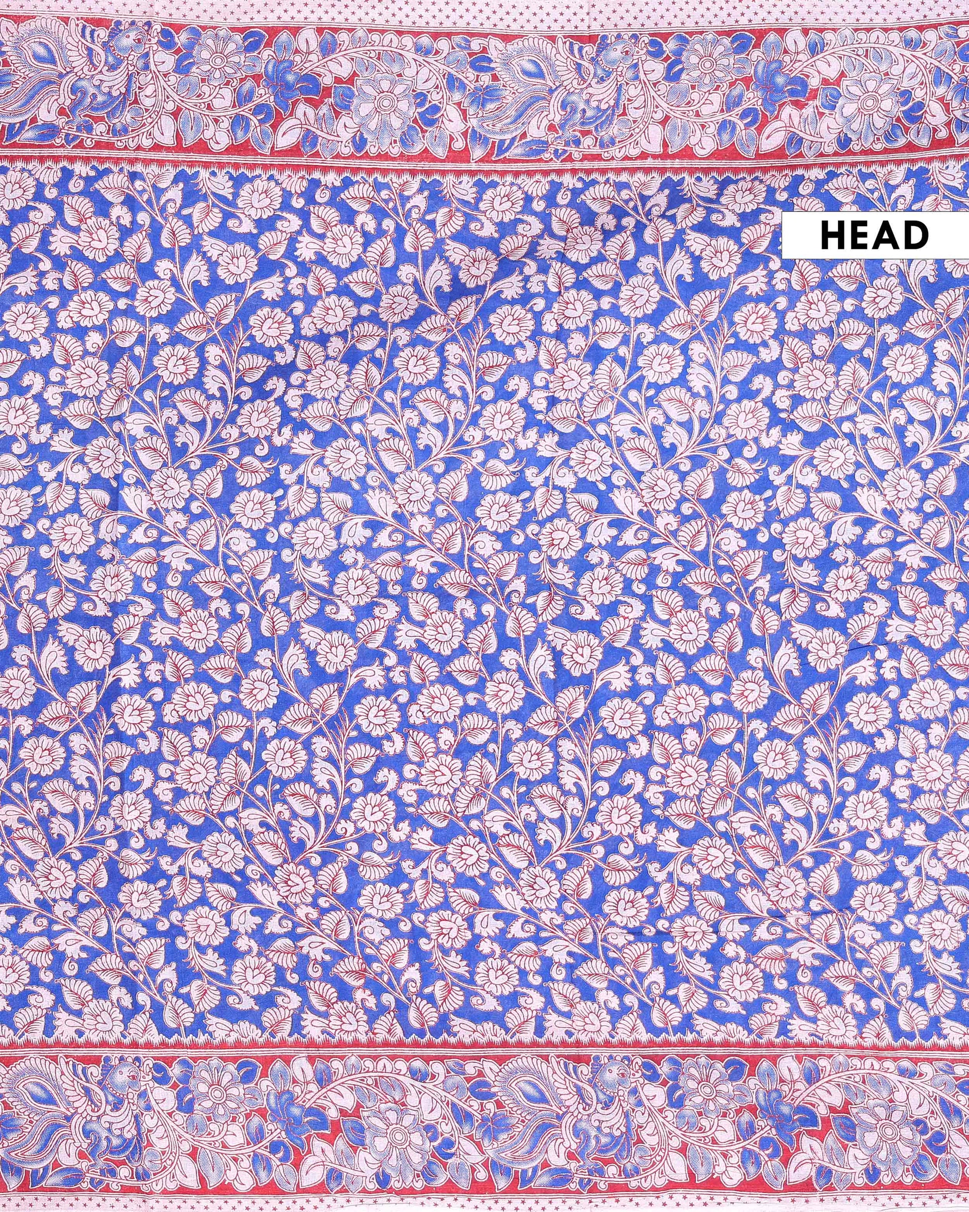 Traditional Hand Printed Kalamkari Cotton Saree with Traditional Floral Motifs - Blue