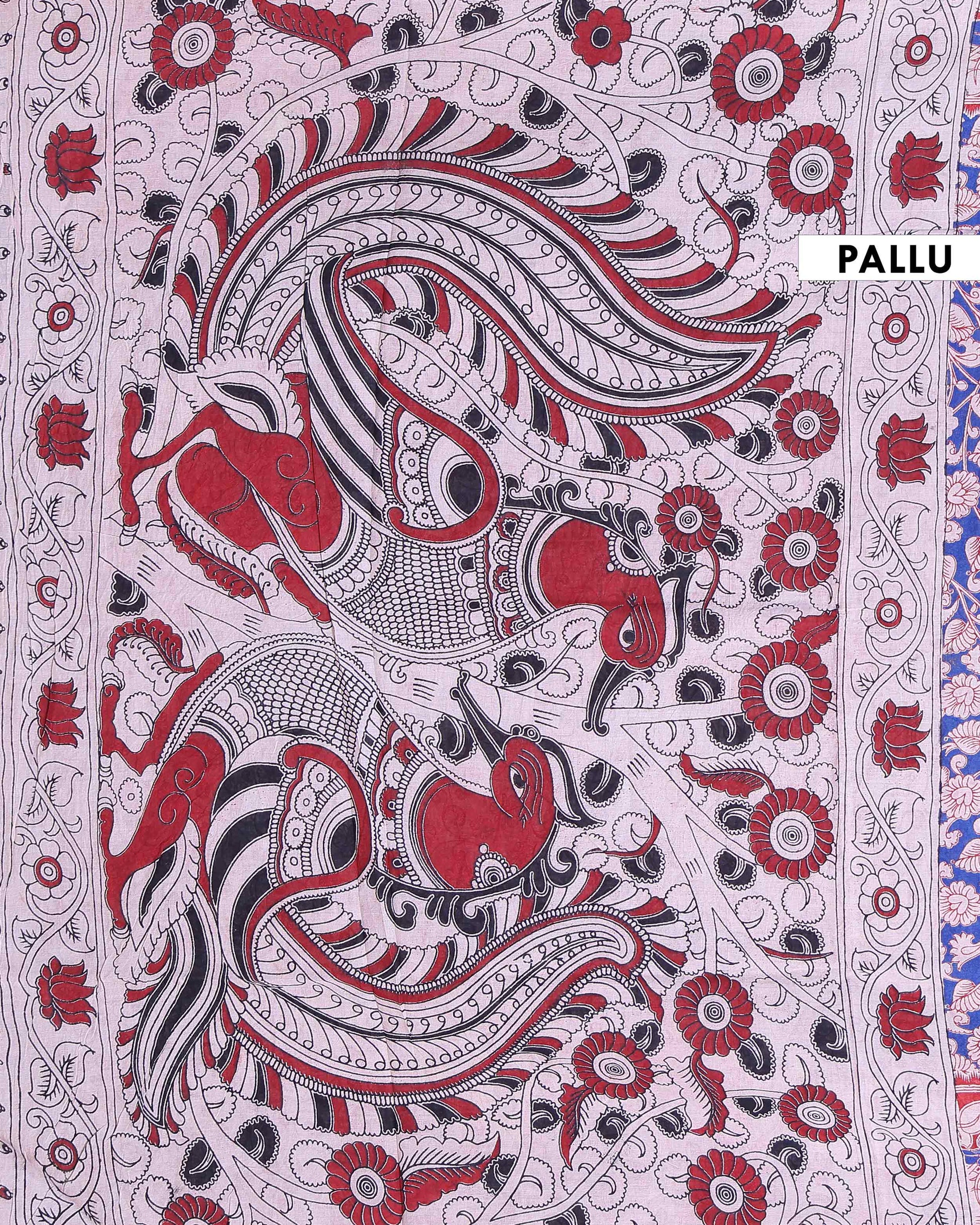 Traditional Hand Printed Kalamkari Cotton Saree with Traditional Floral Motifs - Blue