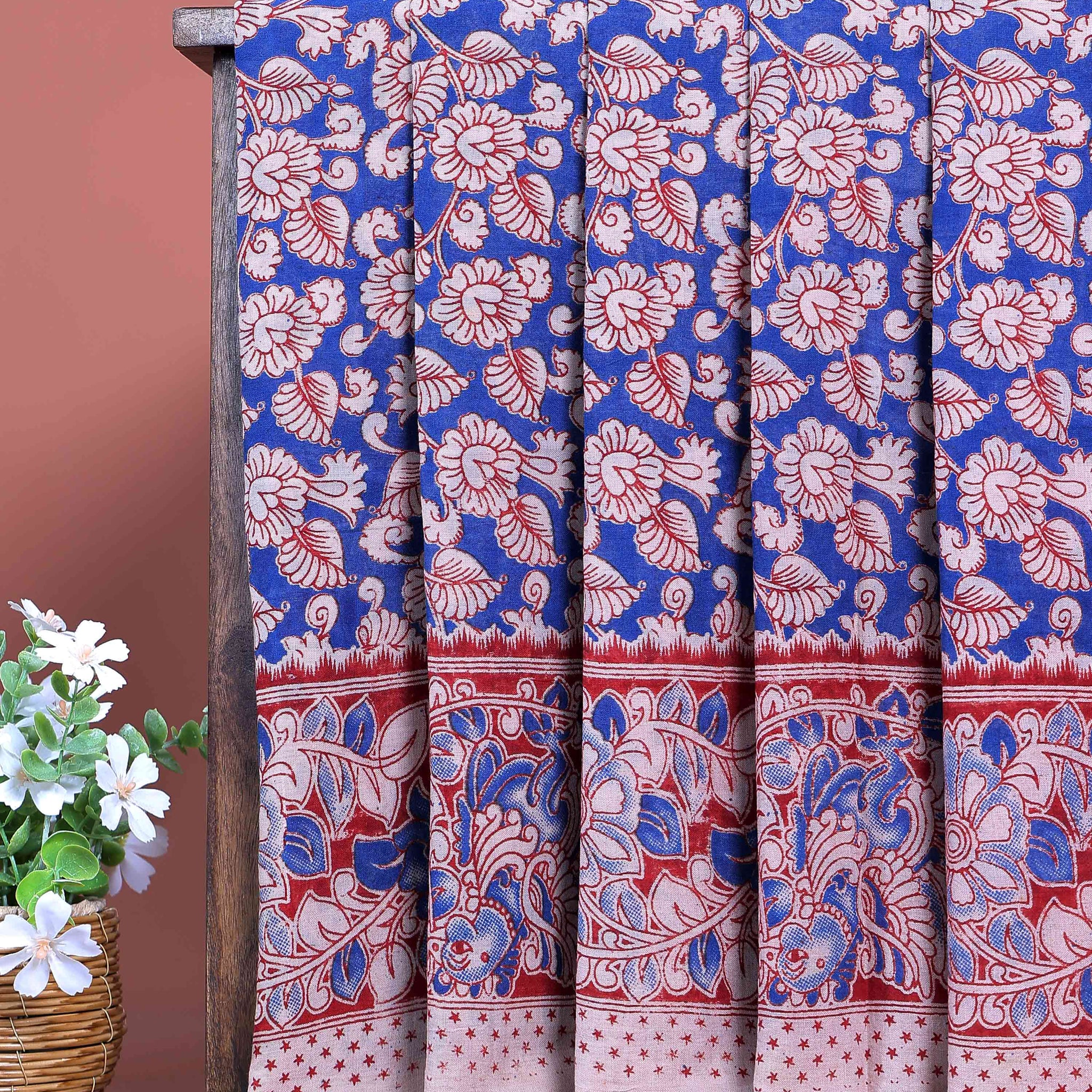 Traditional Hand Printed Kalamkari Cotton Saree with Traditional Floral Motifs - Blue