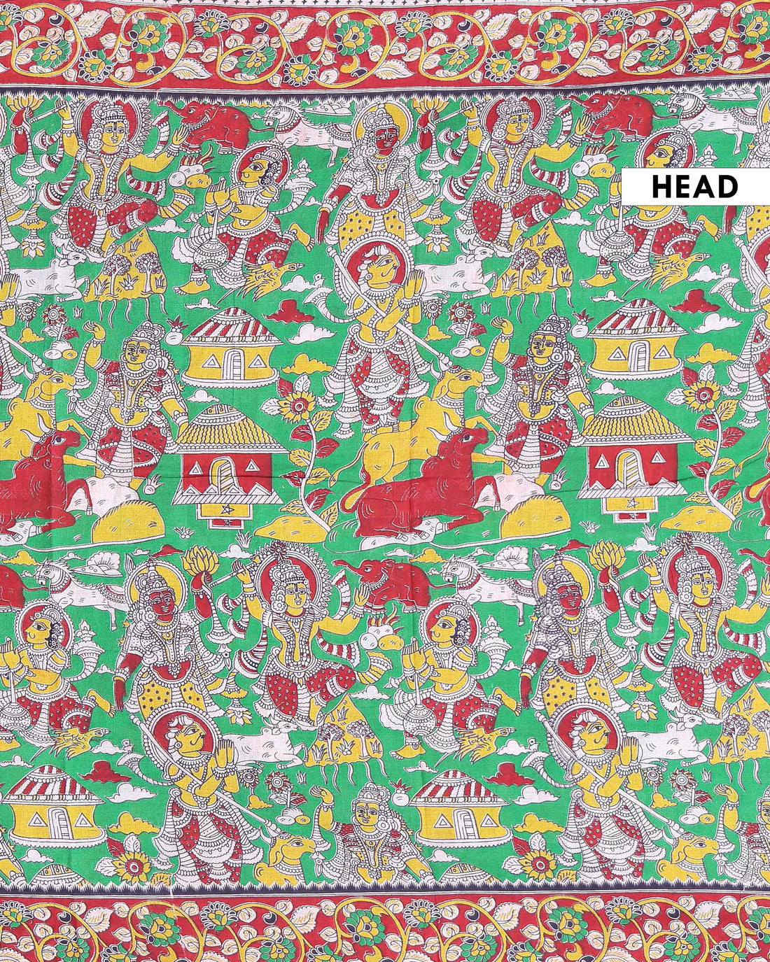 Traditional Hand Printed Kalamkari Cotton Saree with Traditional Mythological Motifs and Floral Border - Green