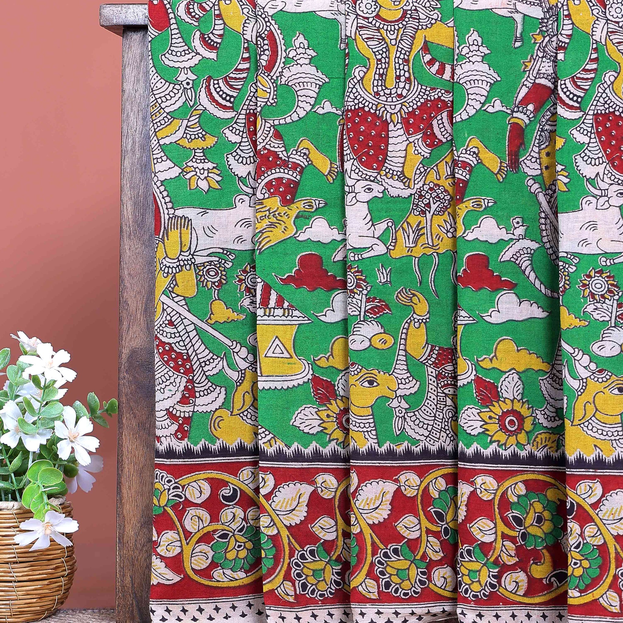 Traditional Hand Printed Kalamkari Cotton Saree with Traditional Mythological Motifs and Floral Border - Green