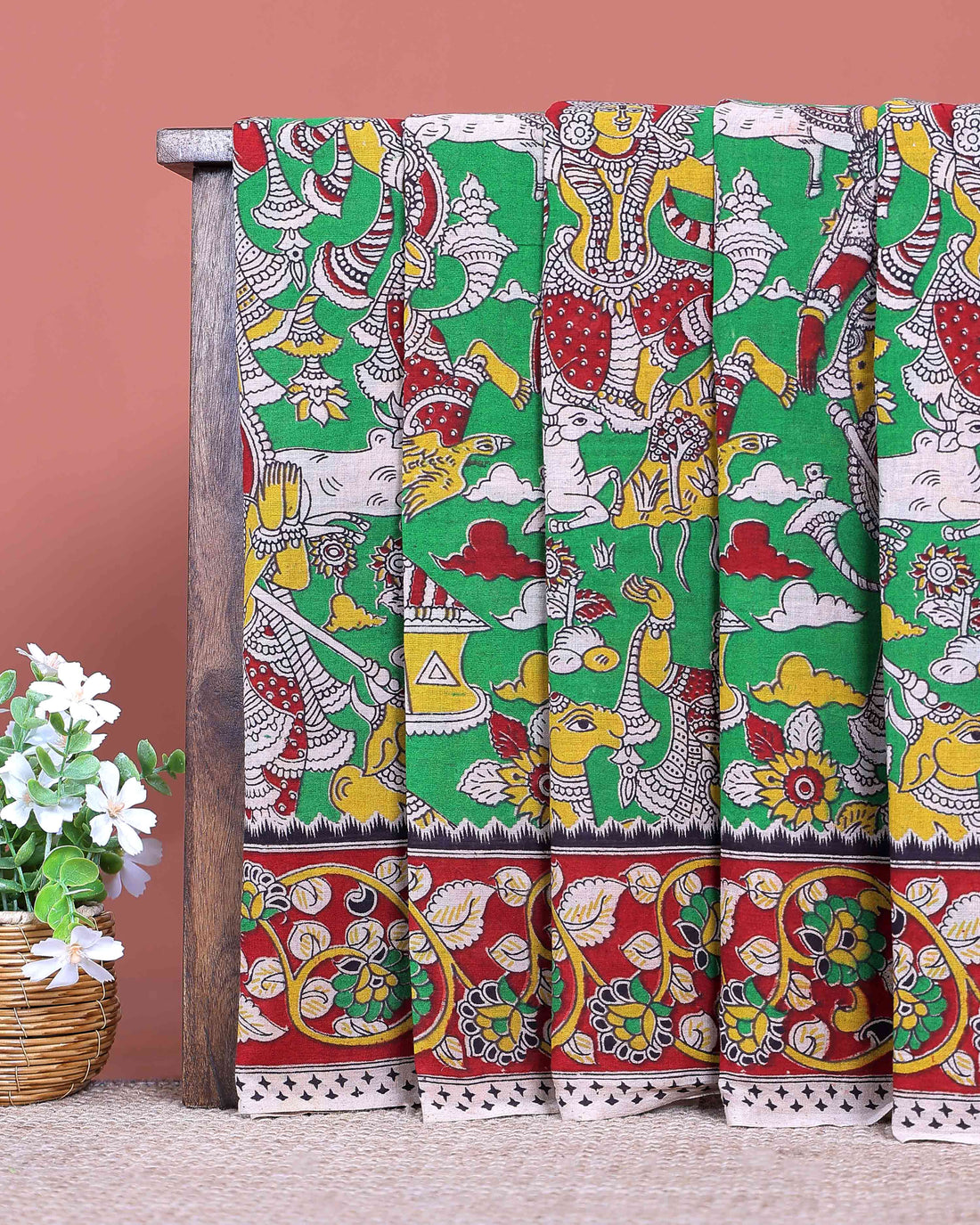 Traditional Hand Printed Kalamkari Cotton Saree with Traditional Mythological Motifs and Floral Border - Green