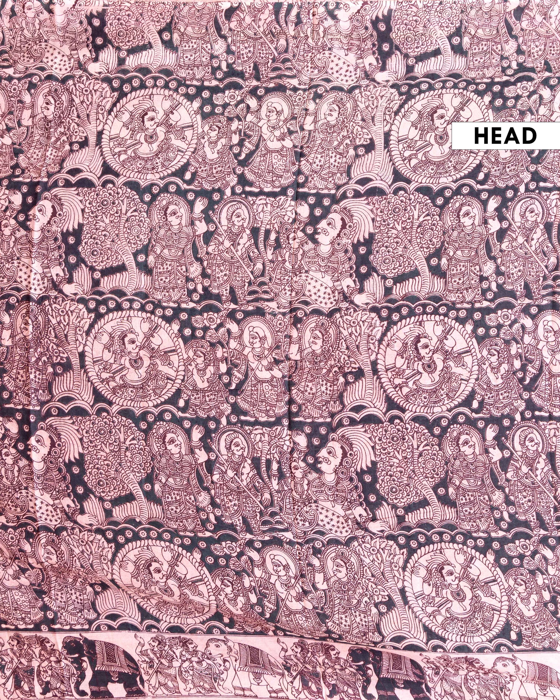 Traditional Handblock Printed Kalamkari Cotton Saree - Dark Grey