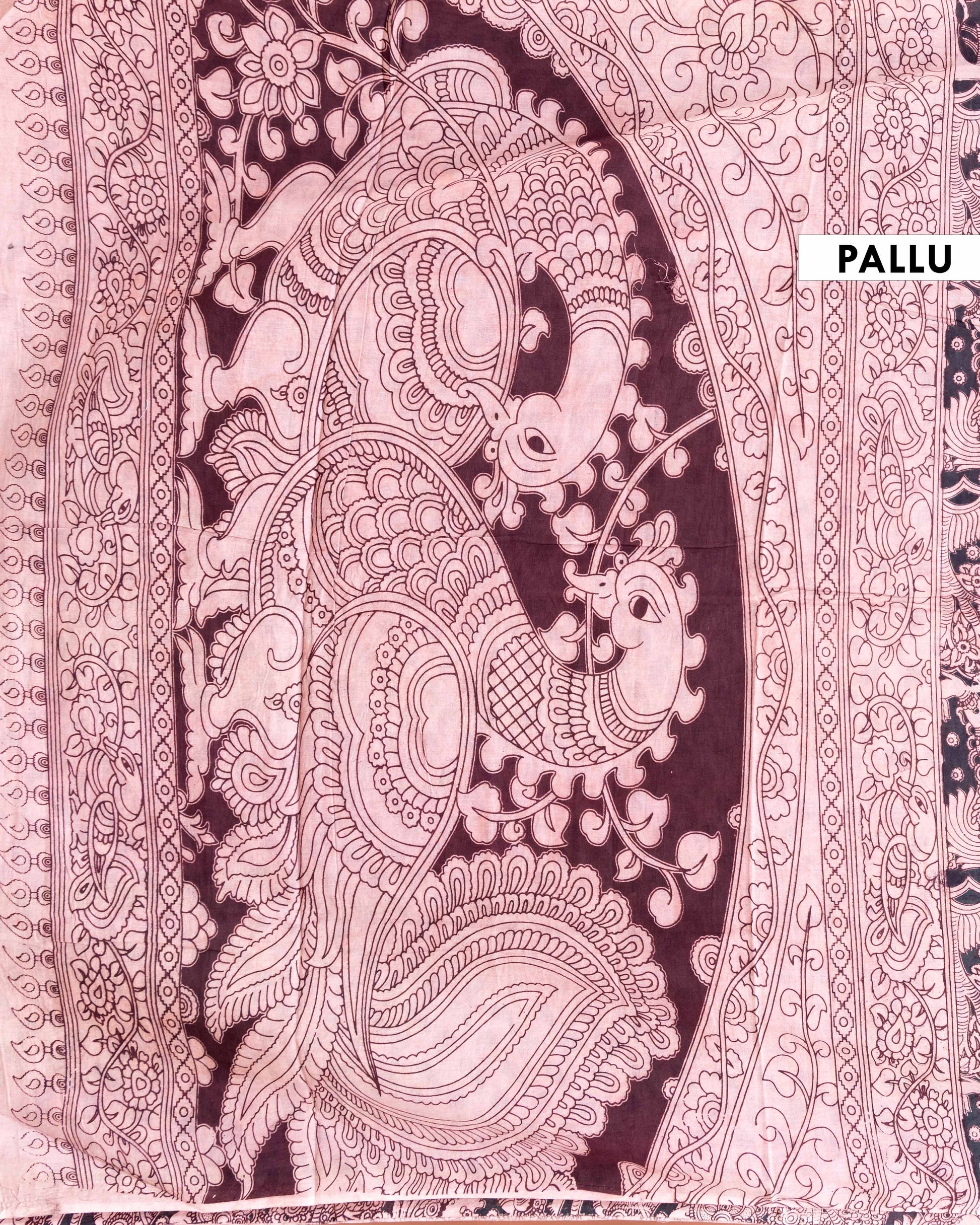 Traditional Handblock Printed Kalamkari Cotton Saree - Dark Grey