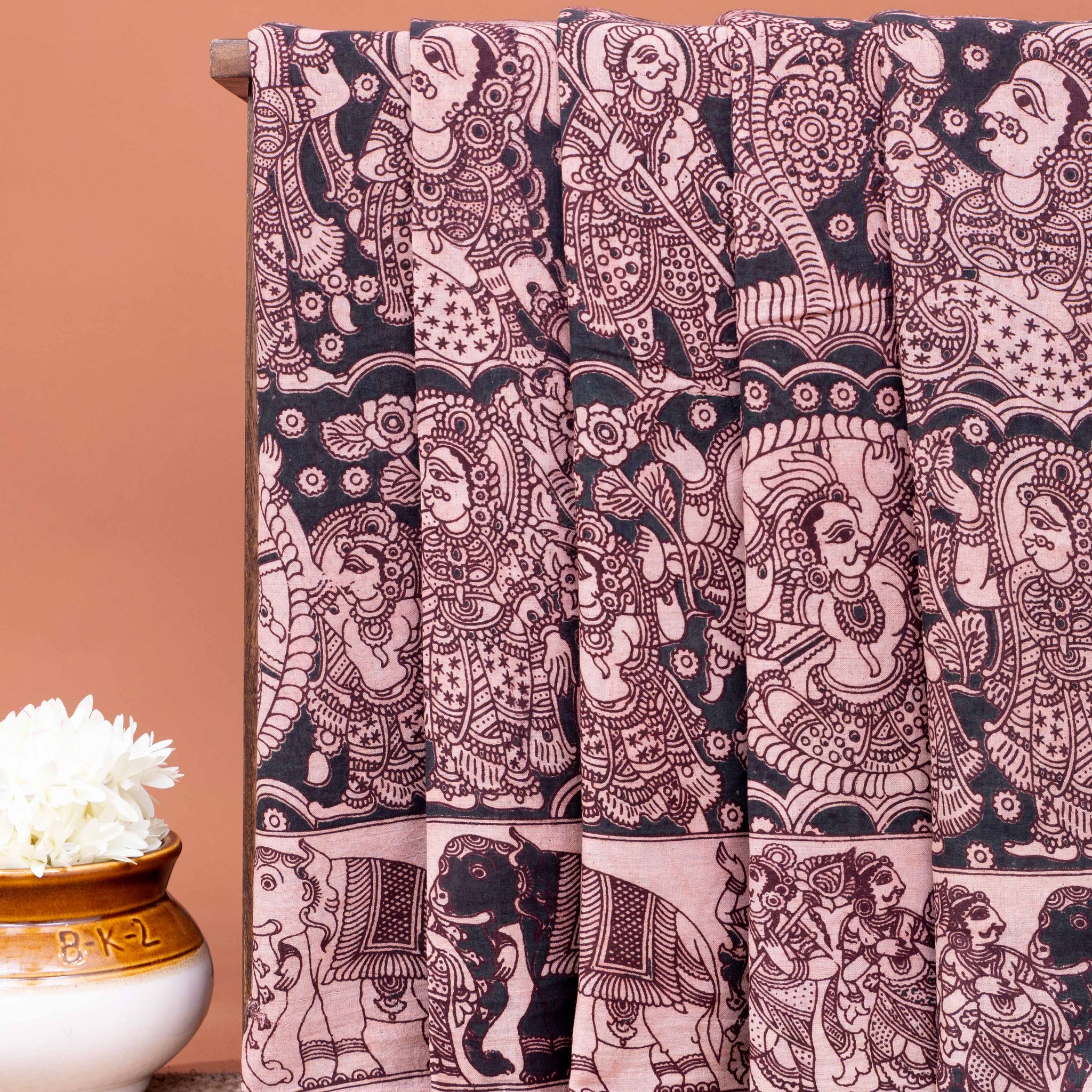 Traditional Handblock Printed Kalamkari Cotton Saree - Dark Grey