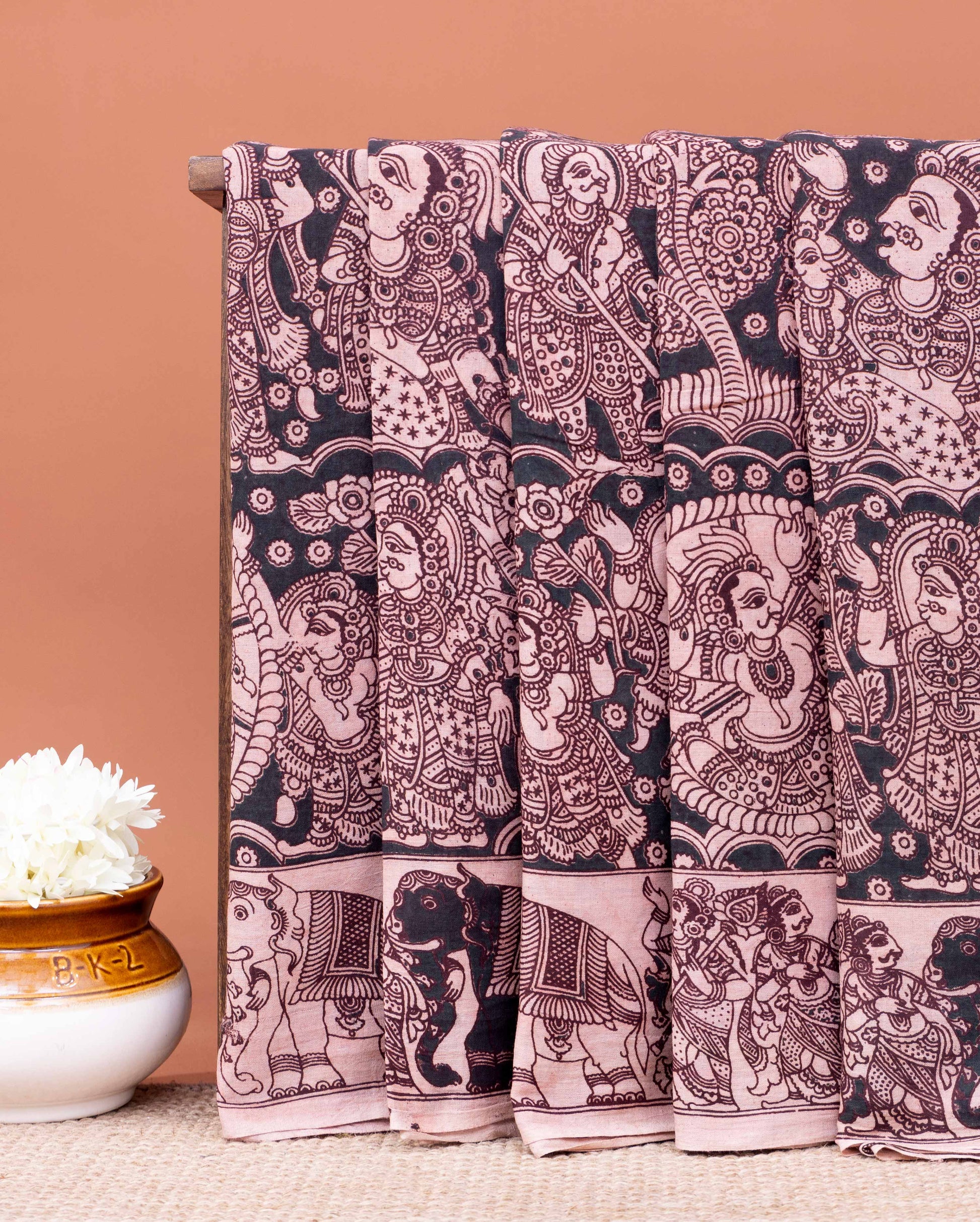 Traditional Handblock Printed Kalamkari Cotton Saree - Dark Grey