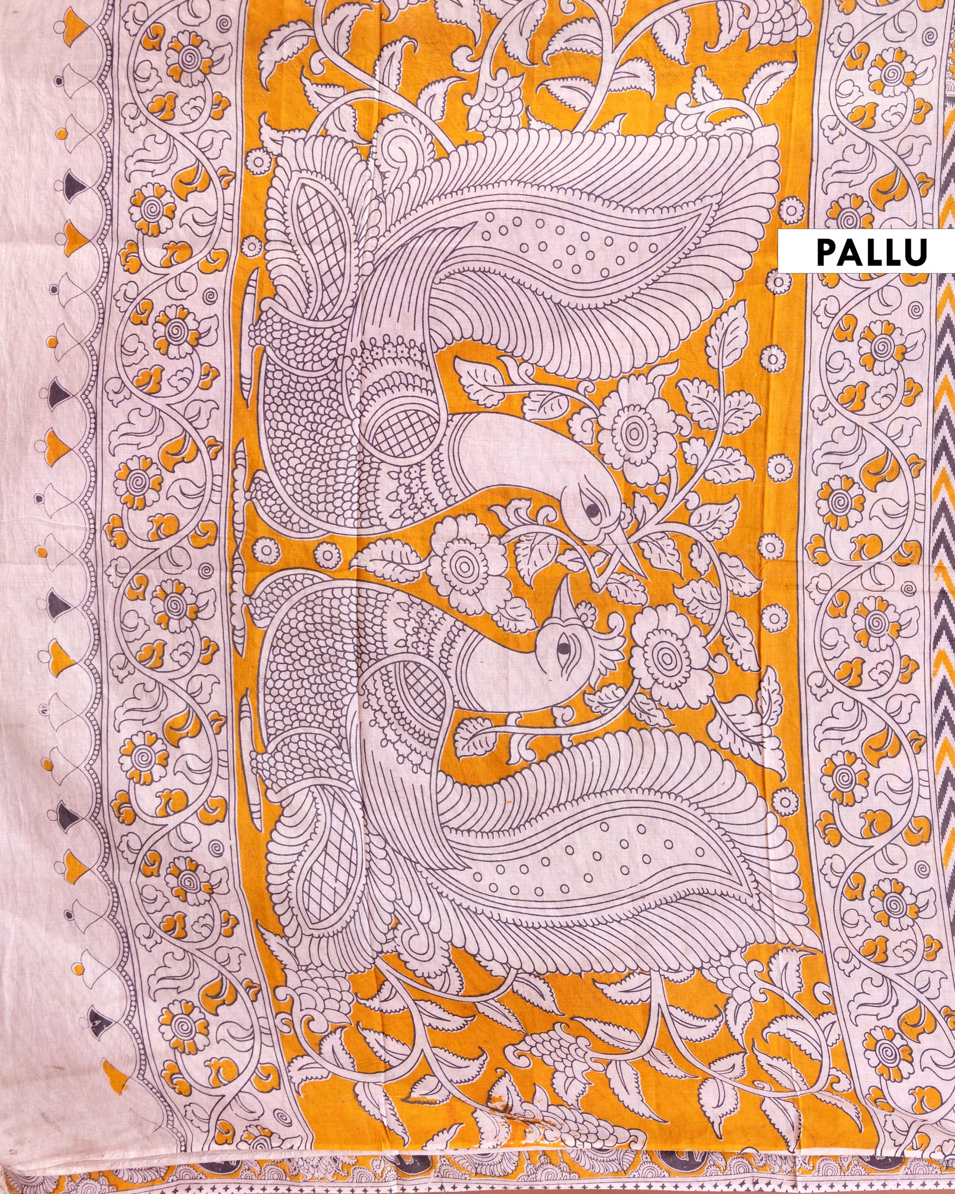 Traditional Handcrafted Kalamkari Cotton Saree with Chevron Weave - Multi