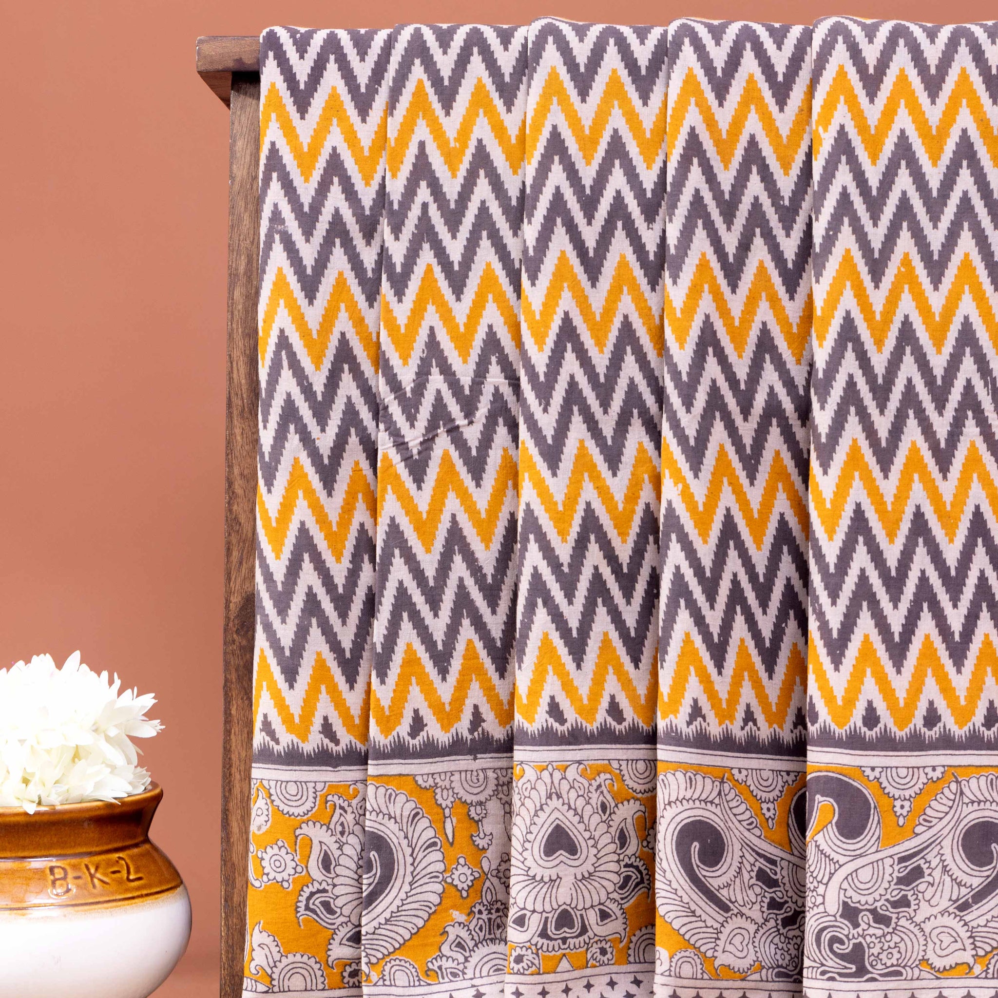 Traditional Handcrafted Kalamkari Cotton Saree with Chevron Weave - Multi