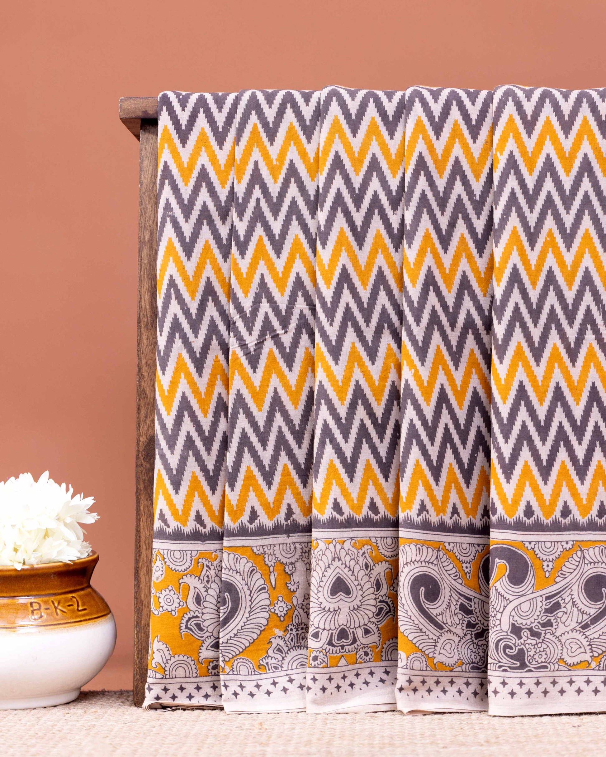 Traditional Handcrafted Kalamkari Cotton Saree with Chevron Weave - Multi