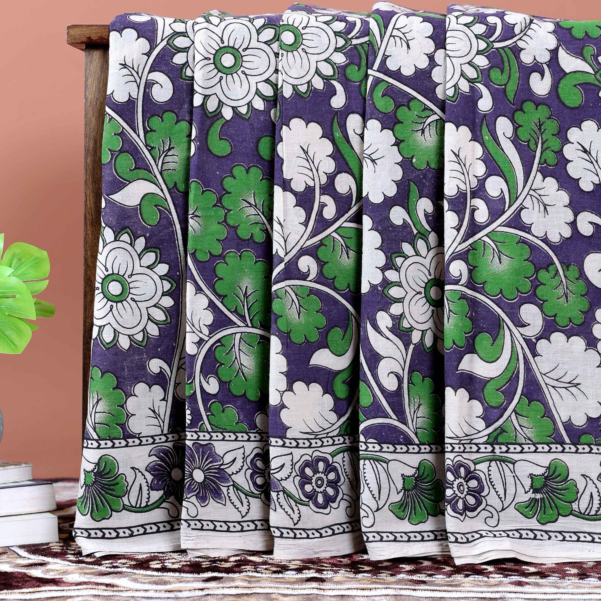 Traditional Handcrafted Kalamkari Cotton Saree with Floral and Leafy Motifs - Purple