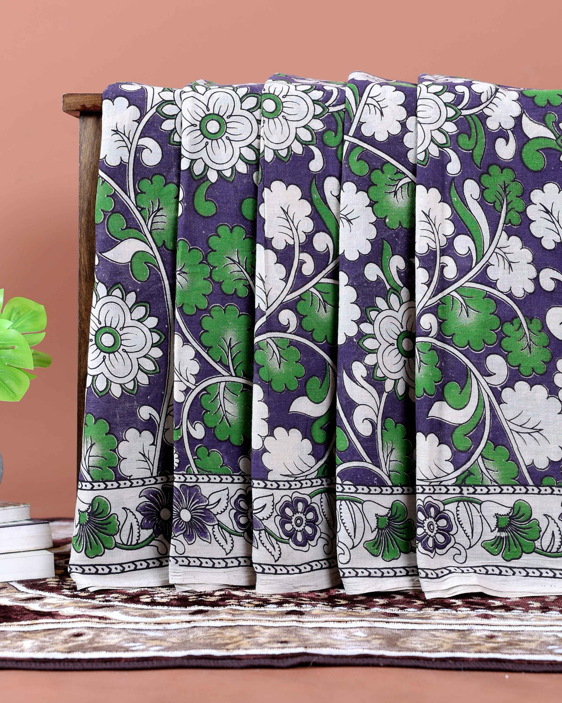 Traditional Handcrafted Kalamkari Cotton Saree with Floral and Leafy Motifs - Purple